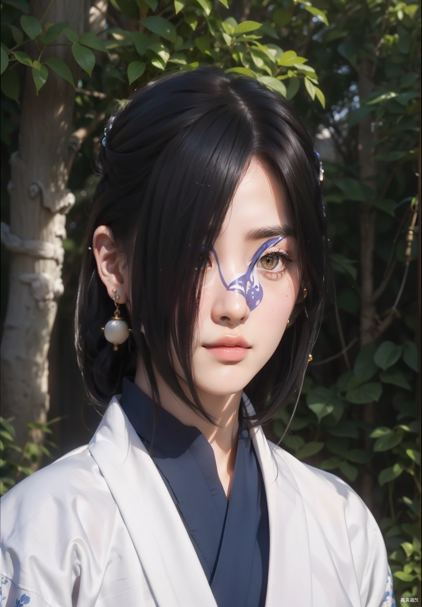 Real life adaption of this character,realistic hair ,(wearing earing same shape), realistic kimono bue and white color,handsome face,yellow eyes,very white skin,realistic background,realistic light,realistic shadow,(photorealistic:1.4)realistic skin ,