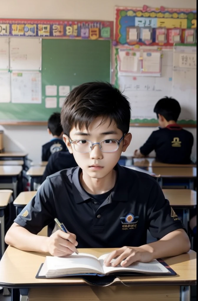 korean boy, Listen calmly and attentively in the classroom, , student boy