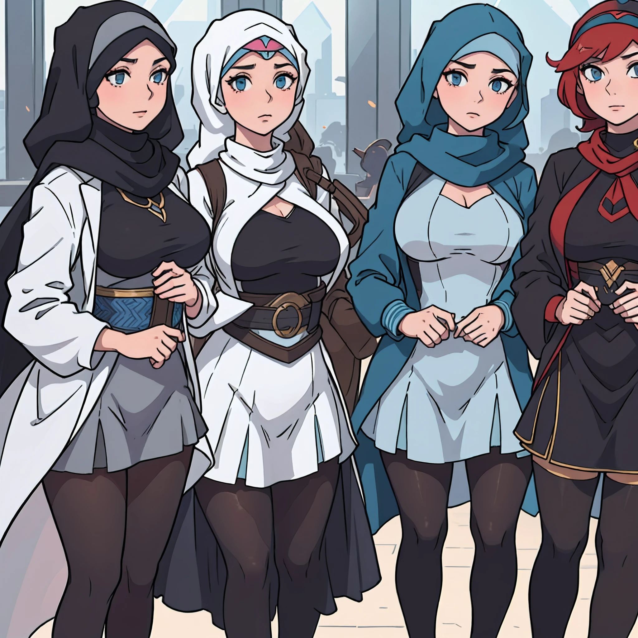 Group of four confident, stylish women wearing hijabs and elegant mini dresses, radiating positivity and unity, high-quality digital art, realistic shading, soft lighting, by renowned artists, artstation trending, 4k resolution, big tits, wearing pantyhose, mini skirt