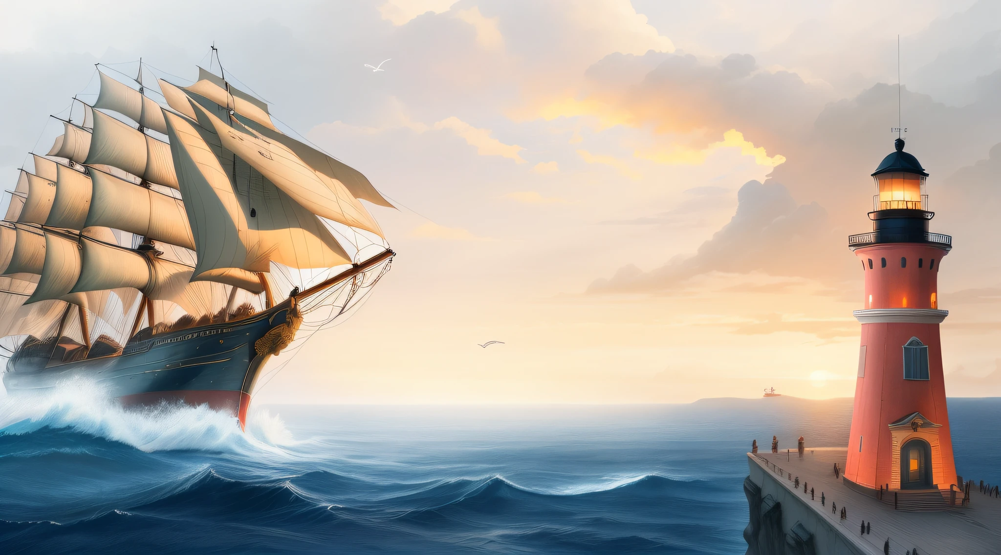 Near the lighthouse there is a large ship sailing in the sea, ship at sea, Sail ships, ships with sails, Sail ships, Dramatic nautical scenes, Sail, on a pirate ship background, background artwork, ships with sails underneath, inspired by Ivan Aivazovsky, amazing wallpapers, flying ships in the background, best on adobe stock, naval background, sails