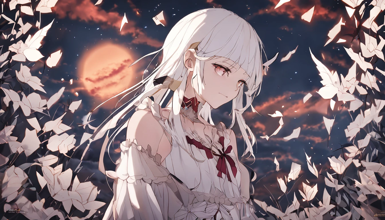absurderes、hight resolution、(Official Art、Beautifully Aesthetic:1.2)、(Close View:1.15)、 (1girl in、White hair、Hair in the middle、yellow eyes、radiant eyes、Black Long Dress、Red frills、:1.2)、simple background、(starrysky)、(nigh sky)、(starrysky)