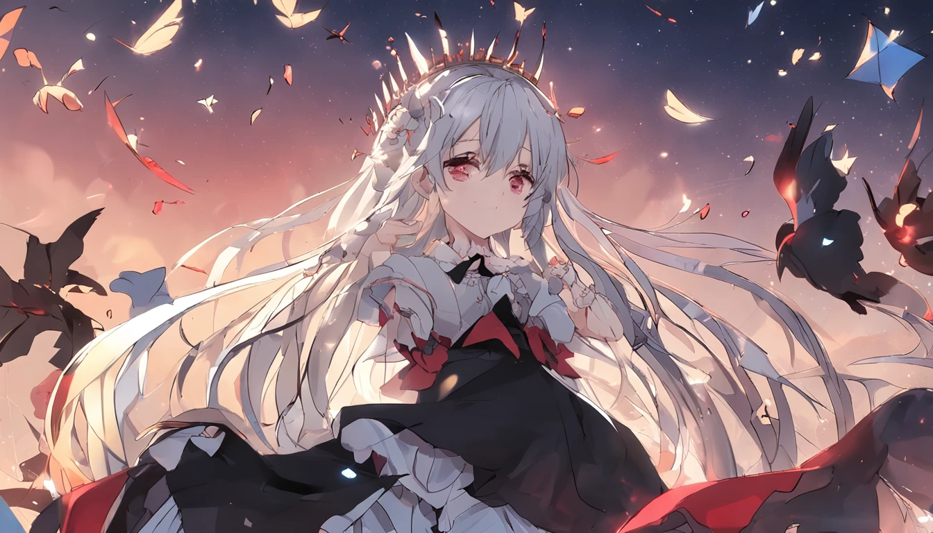 absurderes、hight resolution、(Official Art、Beautifully Aesthetic:1.2)、(Close View:1.15)、 (1girl in、White hair、Hair in the middle、yellow eyes、radiant eyes、Black Long Dress、Red frills、:1.2)、simple background、(starrysky)、(nigh sky)、(starrysky)