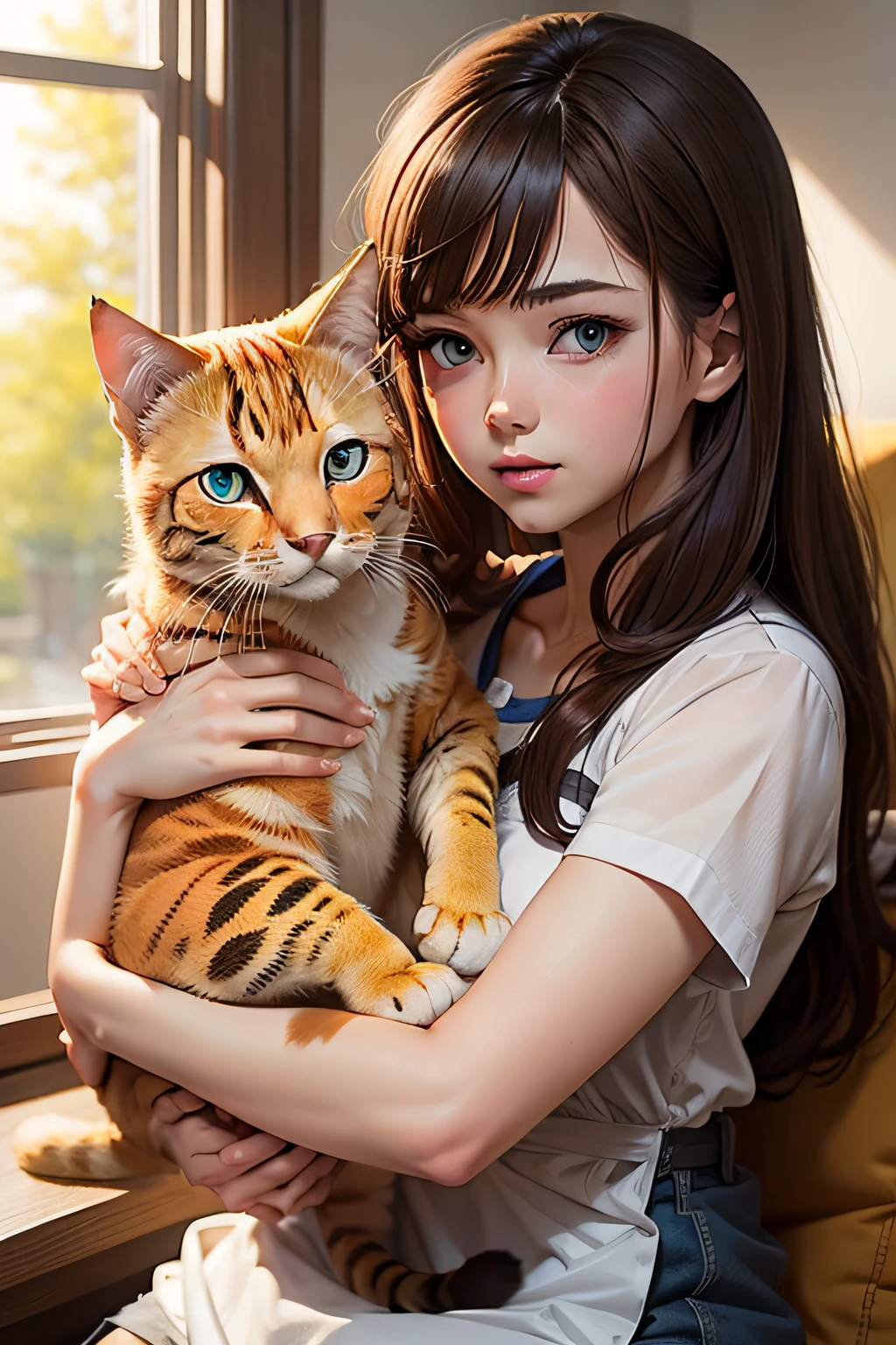 Anime girl with brown hair and blue eyes has an orange cat in her arms