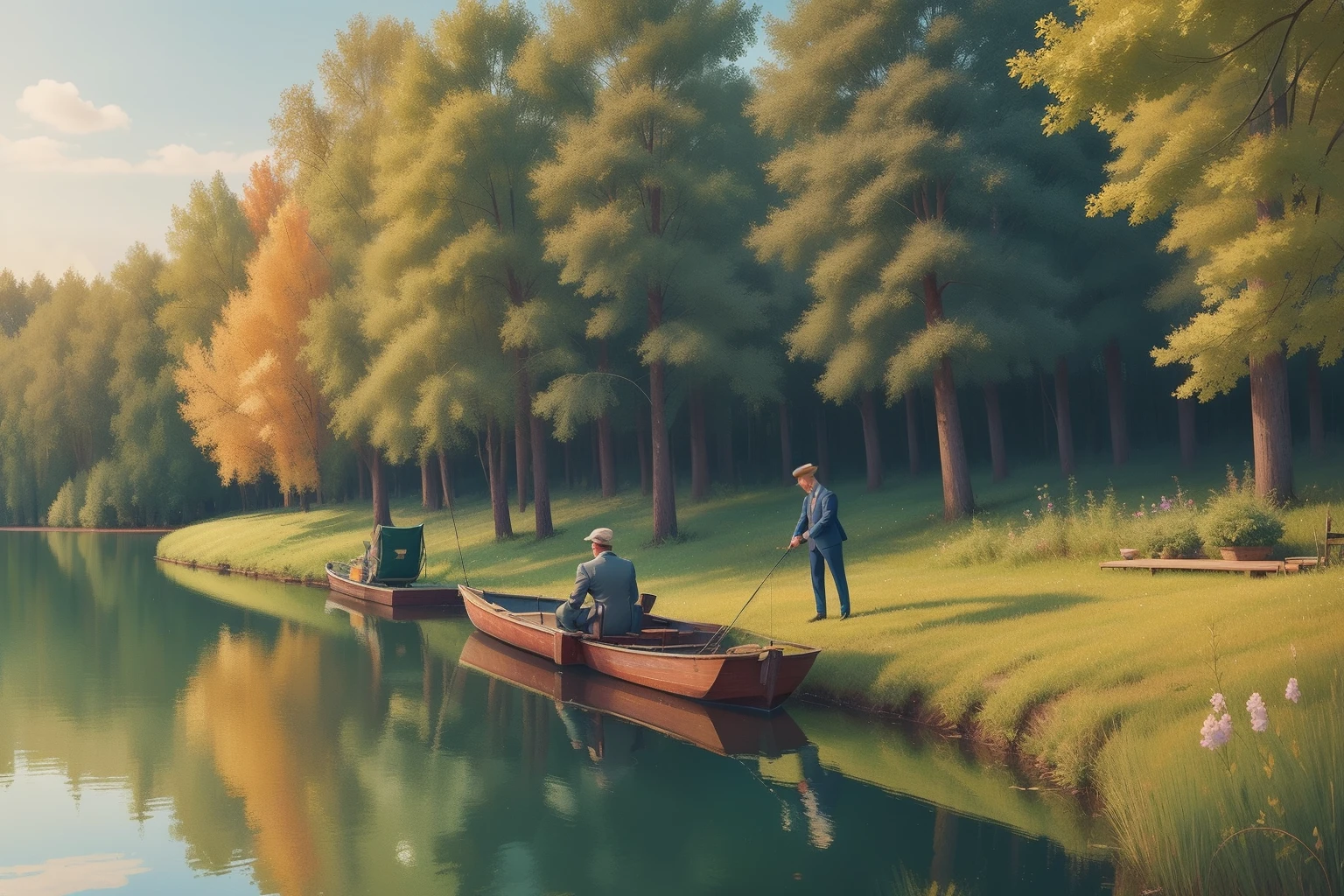 Year: 2019
Country: Russia
Description: On the outskirts of St. Petersburg, an adult man in a well-tailored suit enjoys a leisurely afternoon of fishing by a serene lake. His vintage fishing gear and the vibrant pastel colors of the surrounding trees create a picturesque contrast against the tranquil waters.