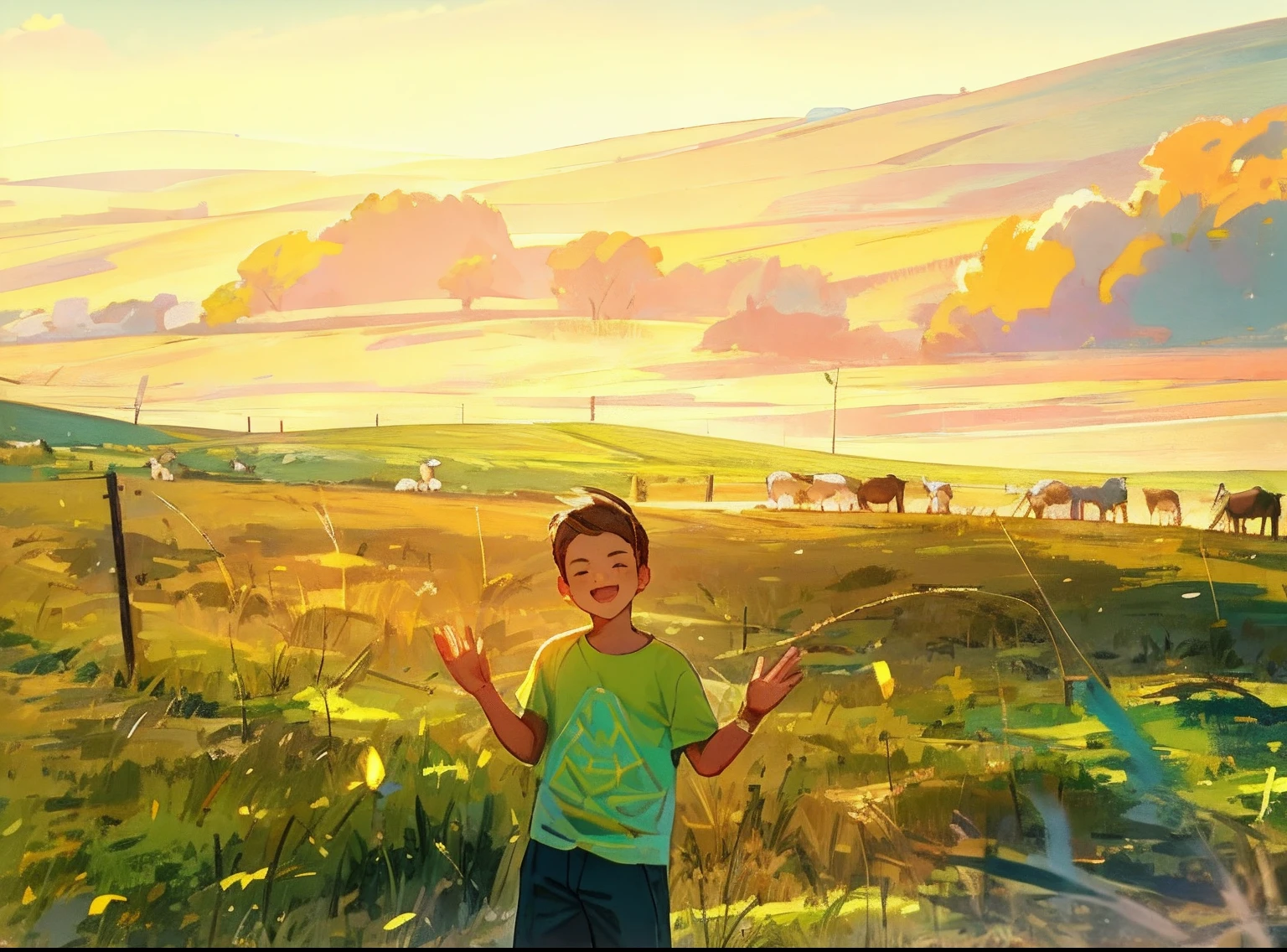 Cute boy standing in prairie pasture,Reach out with your hands in front of you, In the steppe, in a large grassy green field, A lot of sheep in the open green space, standing in grassy field, In the middle of nowhere, Very, very high quality pictures, Stand by the fence, standing in grassy field