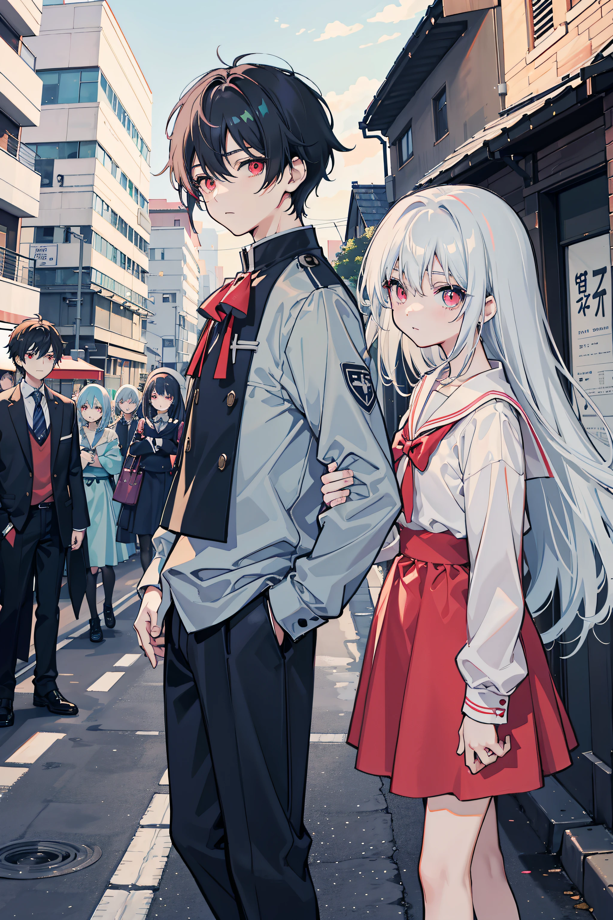 Anime couple walking down the street in front of the church,2 d anime style,modern anime style,beautiful anime art style,very modern anime style,Anime style portrait。Boy with black hair、Girls with gray hair,The ages were 14 and 15 years old,Meet in front of the church bells,Caress the other person's cheek,Boy height 1.5 meters,Girl height 1.7m,The desire of boys to protect girls,Girls in love mood,The two blushed,The scene is absurd,In sailor suit,Black hair red eyes dancing with cute girl with white hair and blue eyes wearing red dress