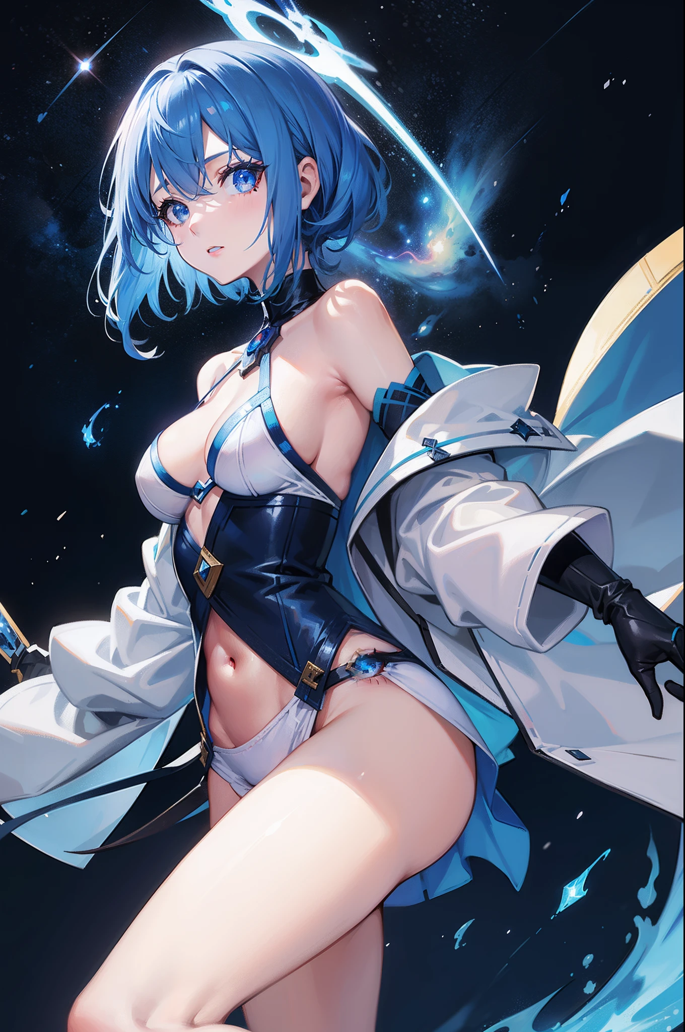 1 girl, magican, blue flame, blue hair, galaxy eyes, milky way eyes, blue flame sword,
