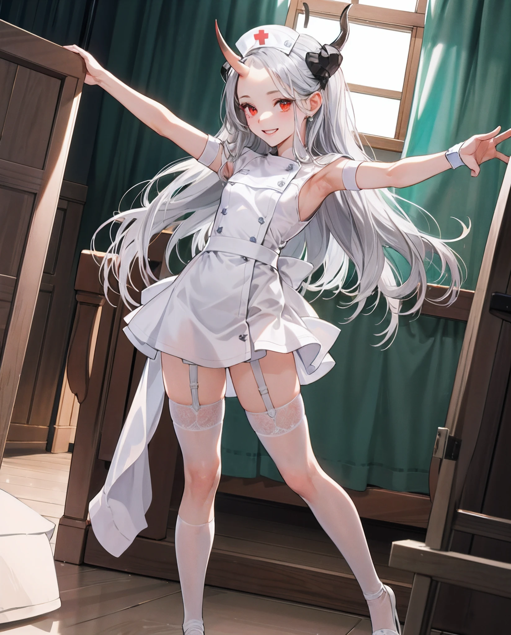 16k,{{{masterpiece}}}, {{{best quality}}}, {{ultra-detailed}}, {illustration}, {{an extremely delicate and beautiful}},
((1Girl I'd Like to )), (((forehead horns+++))), (()), ((red eye)), very smile, full body, small breasts, ((silver long hair)), (arm raised in the up), armpit focus, ((((very open stance+++)))),curvy body, ((white nurse)), ((white nurse dress wear+++)), ((((())))), (((white garter belt))),patient’s room