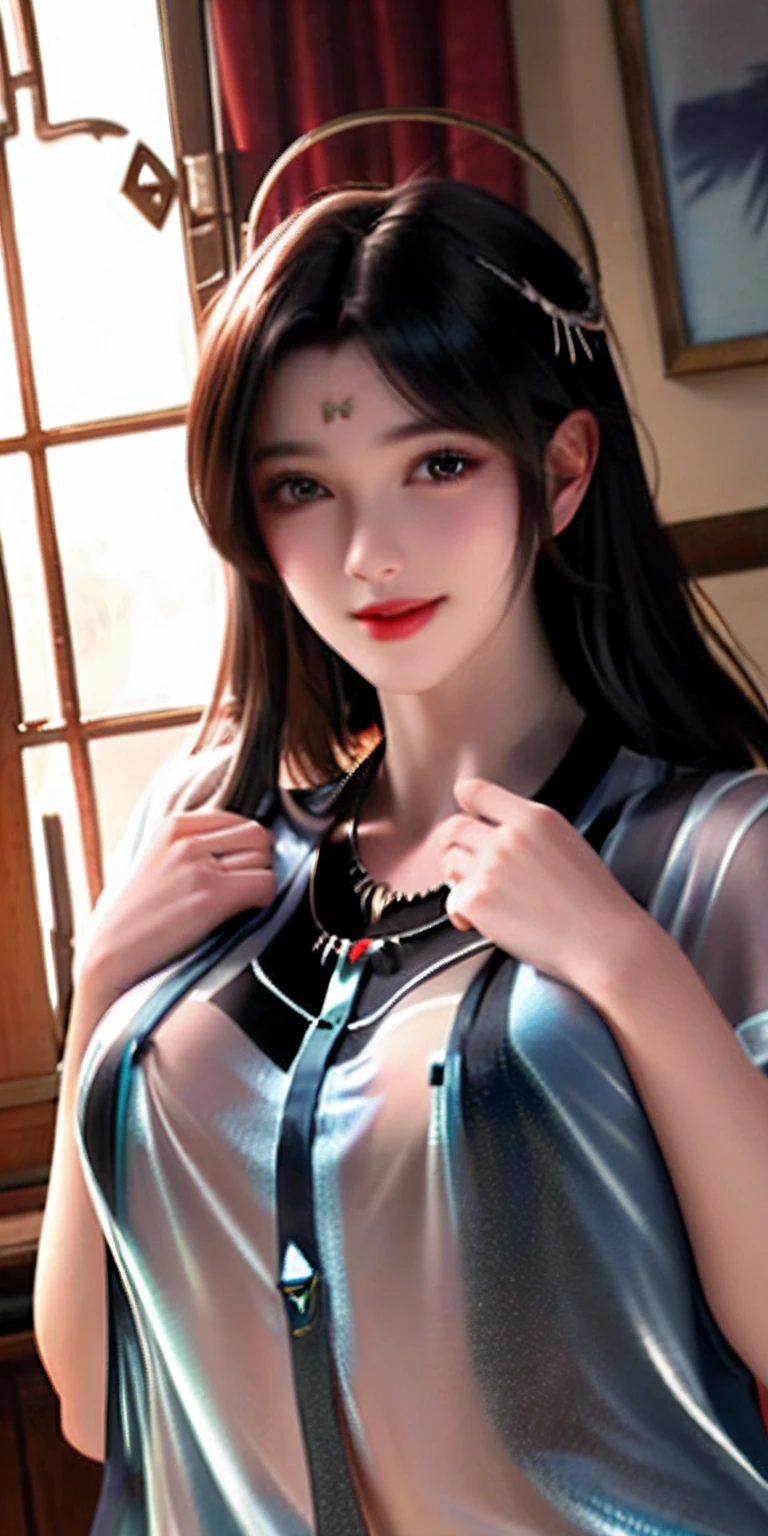 best, masterpiece, Hi-Res, 1girl, Sheer silk shirt, beauty face, hair adornments, Eye, a smile, a closed mouth,s lips, hair adornments, a necklace, Pedras preciosas, Long, 耳Nipple Ring, beauitful face,upon_body,Tindall Effect、Photorealsitic、Dark Studio、Rim Lighting、Two-tone lighting、(High Detail Skin:1.2)、8k uhd、Digital SLR、Soft Lighting、hightquality、Volume Lighting、Frankness、a picture、hight resolution、4k、8k、Bokeh
