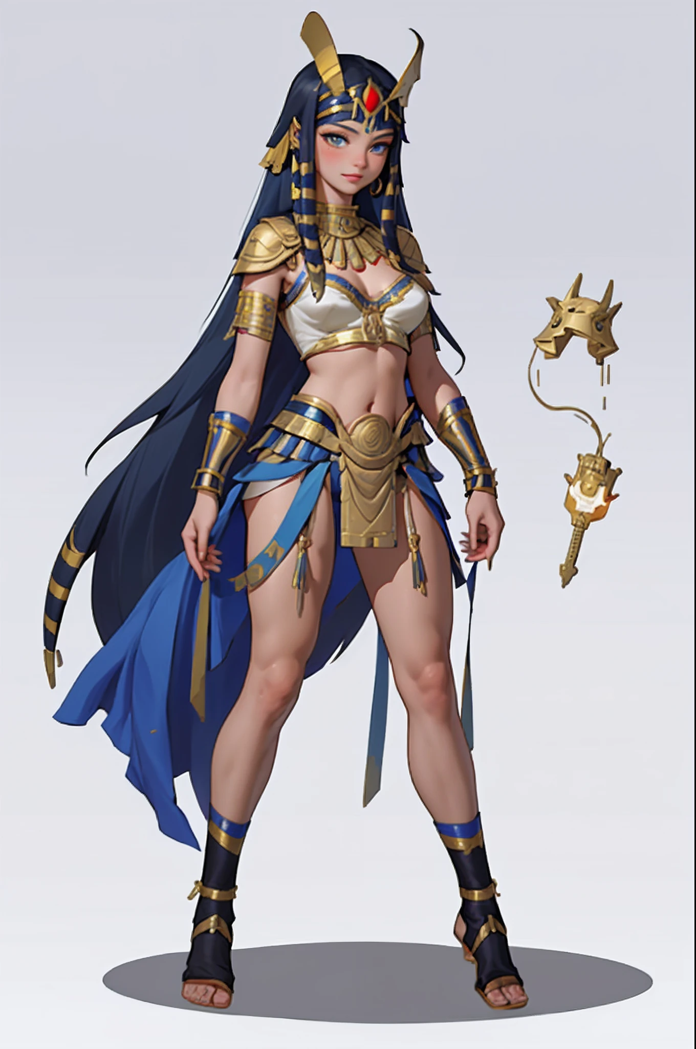 1girll、Cleopatra、Ancient Egyptian costumes、独奏，full bodyesbian，standing on your feet，European and American cartoon design，white backgrounid，Magical fantasy design，character concept design，tmasterpiece，best qualtiy，Best resolution，high definition detail