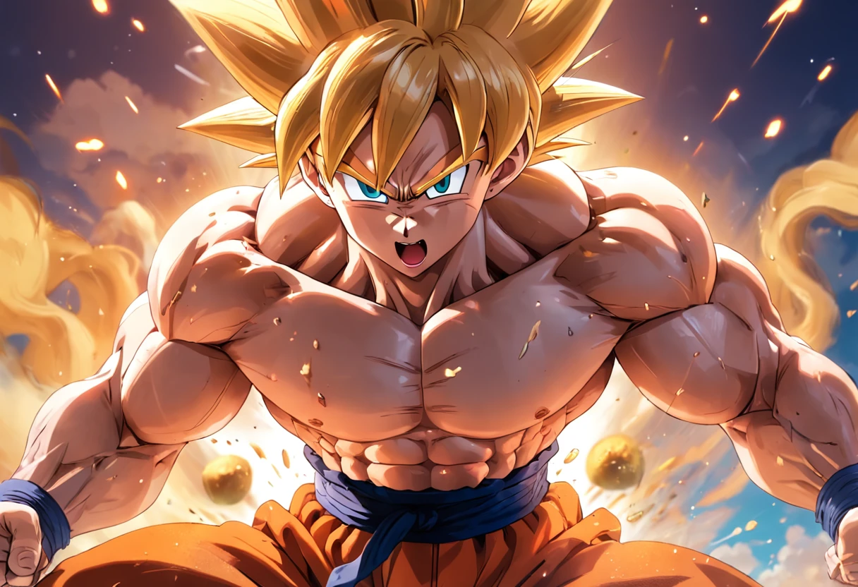 tmasterpiece,best qualtiy,cinematic Film still from,1man,Dragon Ball,son goku,Fitness,Bench press,musculature,Bare upper body,closeup cleavage,brightly,cheerfulness,Warm and soft lighting,the sunset,(spark of light:0.7)