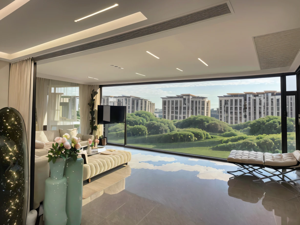 ，masterpiece, best quality，8k, ultra highres，Reallightandshadow，（Realiy，realisticlying)，Step into this duplex suite that resembles a fairytale world，It's like entering a fantastic maze。The spacious and bright living room is centred on floor-to-ceiling windows，Warm sunlight floods the space，Instantly felt peaceful and relaxed。The view of the courtyard is reflected through the transparent glass wall，dense with greenery，Floral fragrance overflowing，It's like being in a sea of flowers。The bedroom is a soft cloud，Romantic bedding is complemented by exquisite lighting，Make you feel like you're in the clouds。The study on the top floor is unique，It has a minimalist design style，Let people immerse themselves in a sea of pure creativity。Every step is accompanied by heart-warming music，It's like exploring an unknown dream world。Over here，You will follow your inner voice，Regain your freedom、enjoying life。