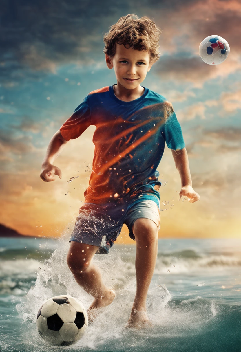 A  boy (10 yeaionately plays soccer in the big ocean.