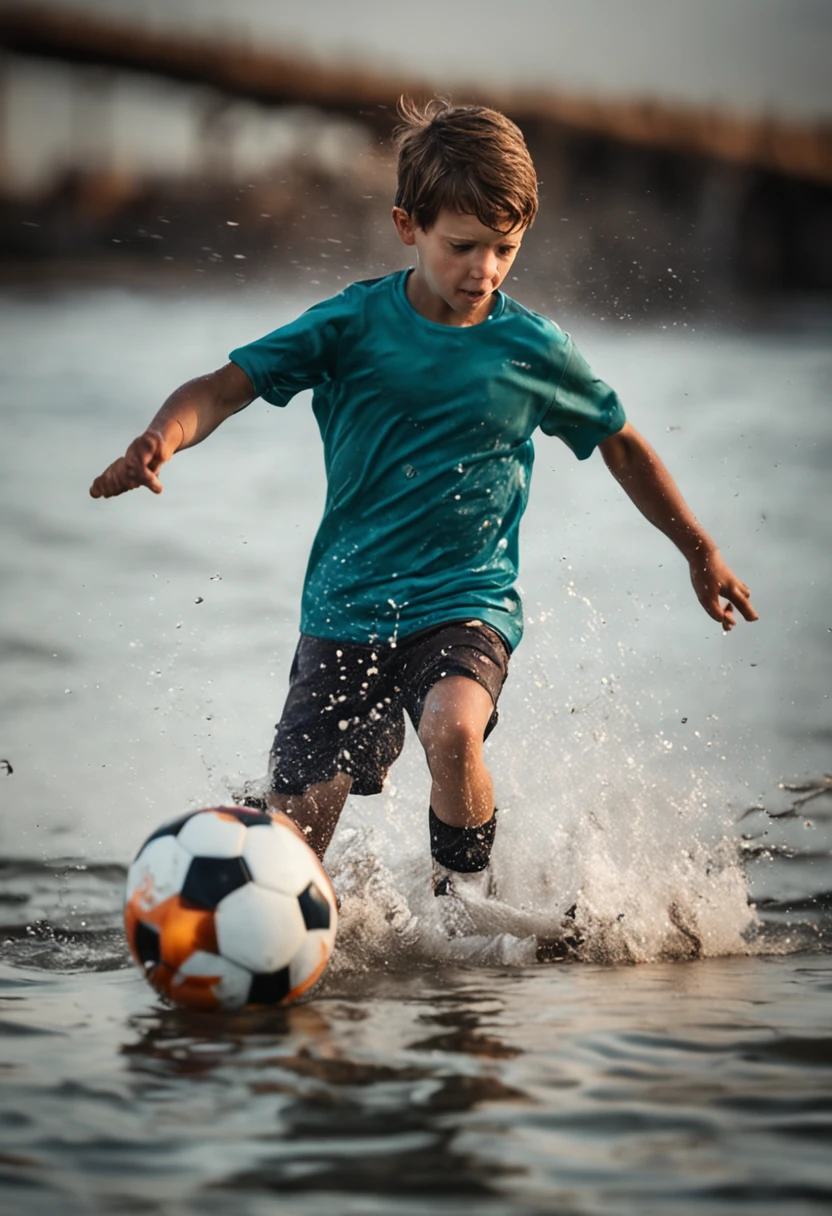 A boy (10 yeaionately plays soccer in the big ocean.