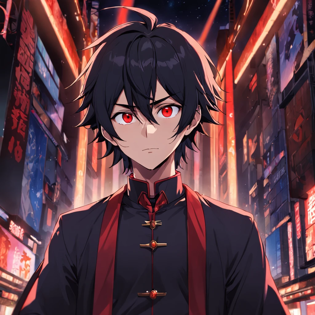 the night，Bedrooms，Black-haired, red-eyed "male" handsome guy，A perverted look