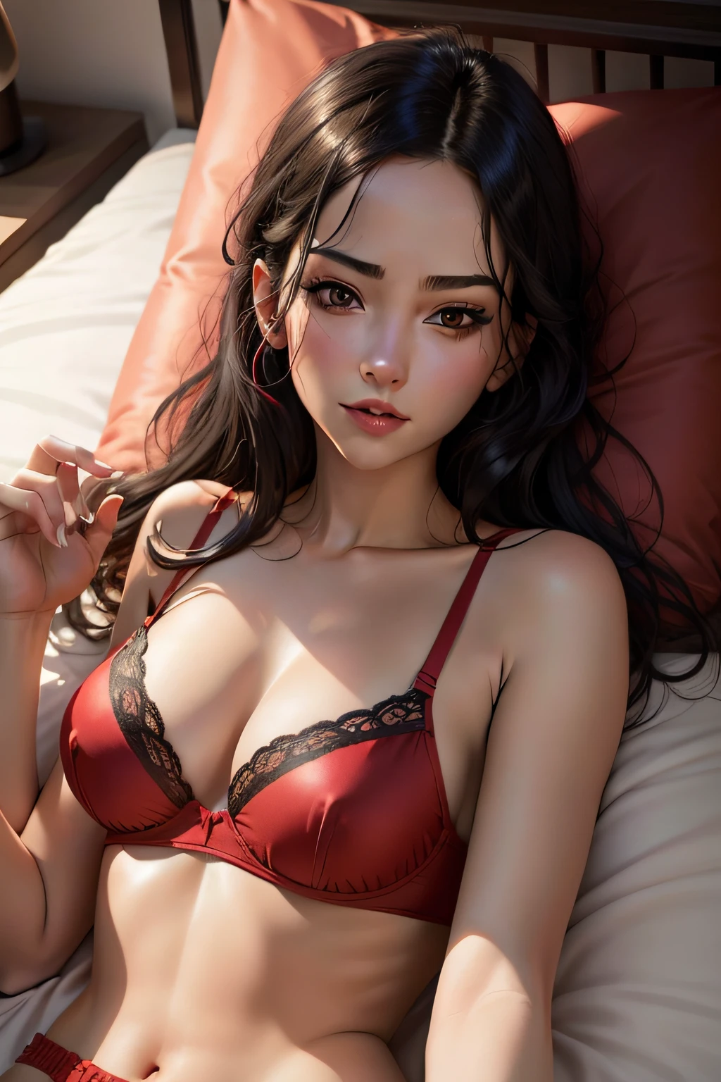 Red bra / black hair / lying on the bed and looking at me / photo realistic