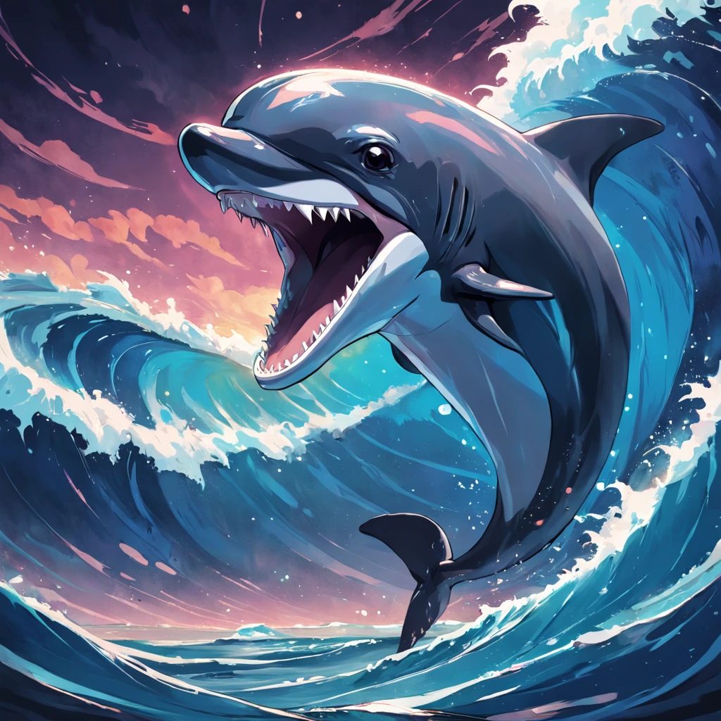 /Imagine Prompt: Illustration of dolphin isolated on black background, Bold outline style, jagged, Trashcore, Light Shading - V 5.2