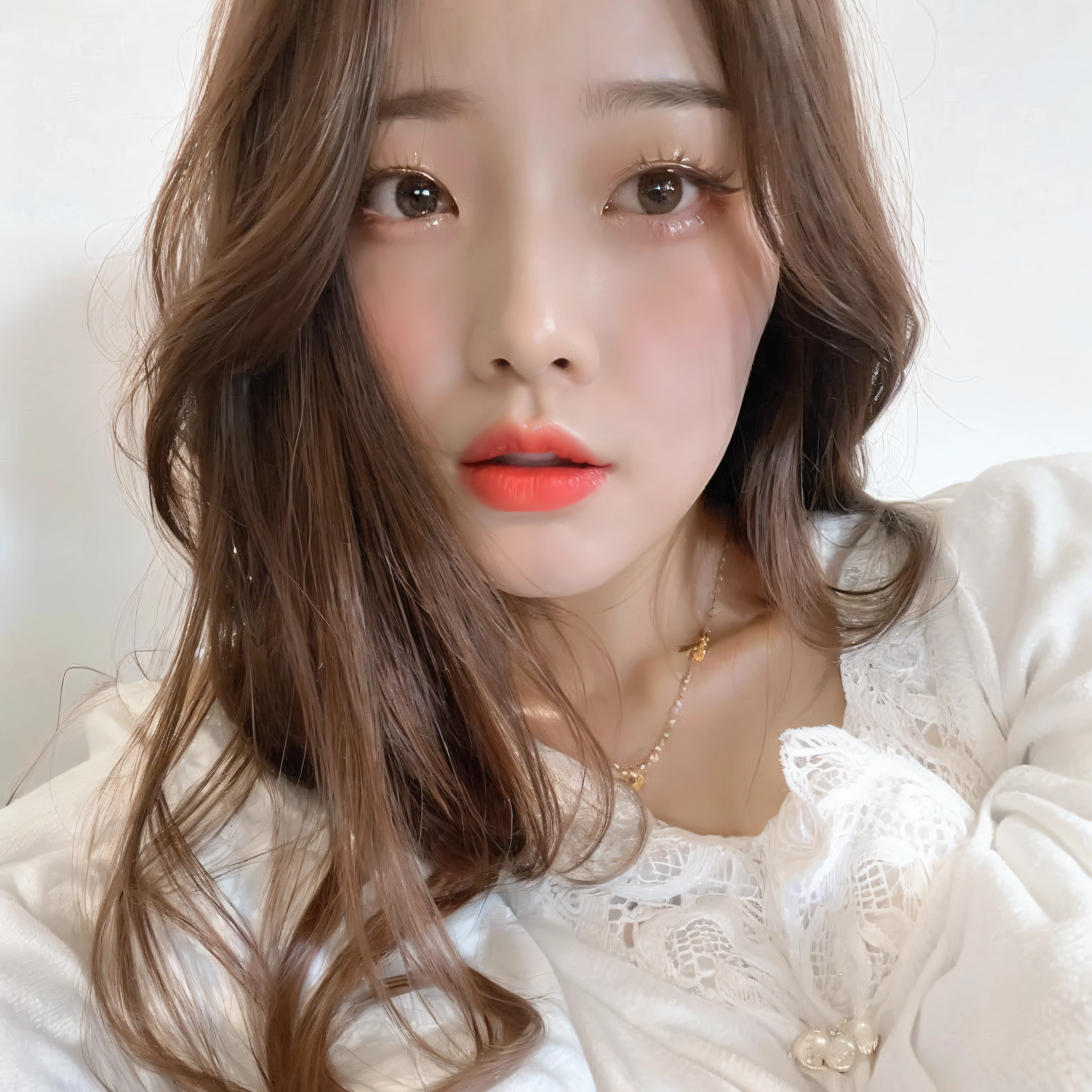a close up of a woman with long hair wearing a white dress, ulzzangs, Choi Hyun-hwa, sakimichan, Korean girl, jaeyeon nam, with round face, light-red lips, beautiful Korean women, young lovely Korean faces, popular korean makeup, Beautiful young Korean woman, face with artgram, faint red lips