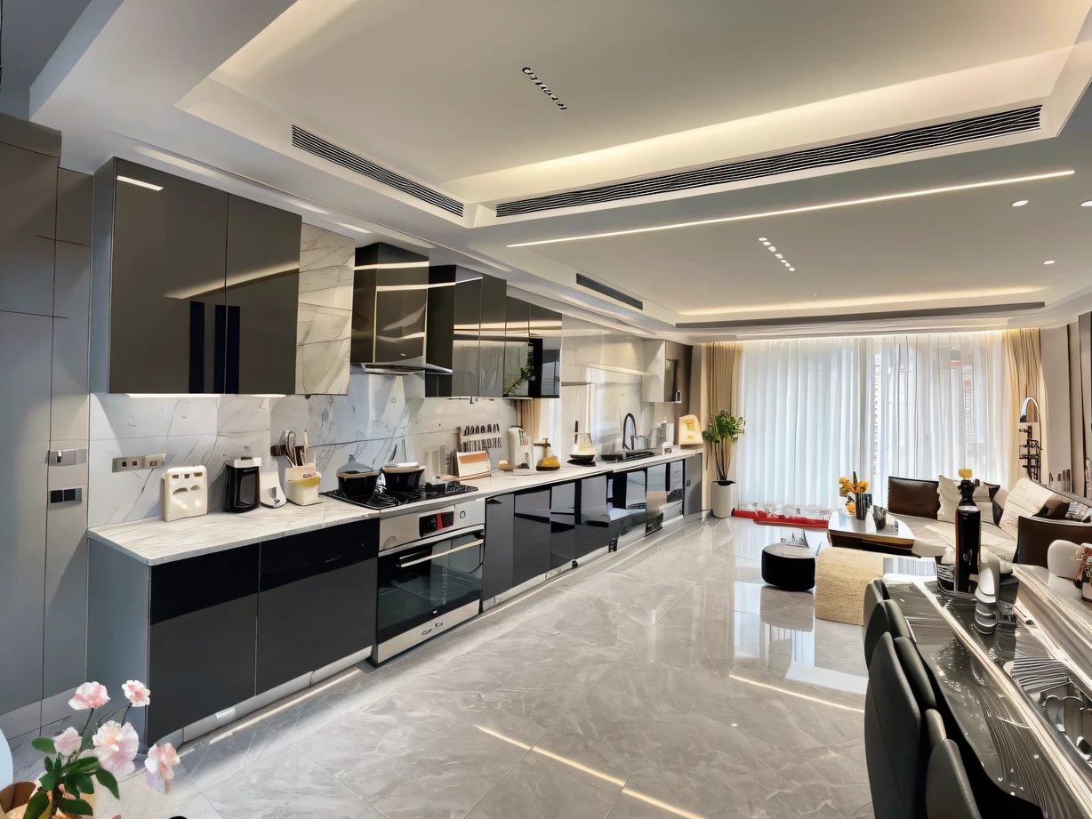 ,masterpiece, best quality,8k, ultra highres,Reallightandshadow,(Realiy,realisticlying),Enter this dazzling luxury kitchen,You will be blown away by its unique design and high-end quality。Marble countertops display endless varieties of gourmet materials and exquisite tableware,Exudes a mouth-watering aroma。The huge central island is inlaid with precisely cut stainless steel grooves,The water jets gushing from the faucet are as beautiful as works of art。The entire kitchen is decorated with ornate crystal chandeliers,Shine brightly,Let you be immersed in the sea of light。High-tech smart appliances are all available,Smart sensor refrigerator、Microwave and oven,Serve you in the instant after you give instructions。Every cooking is a fantastic experience,Immerse your taste buds in the enjoyment,Further appreciate the beauty and happiness of life。