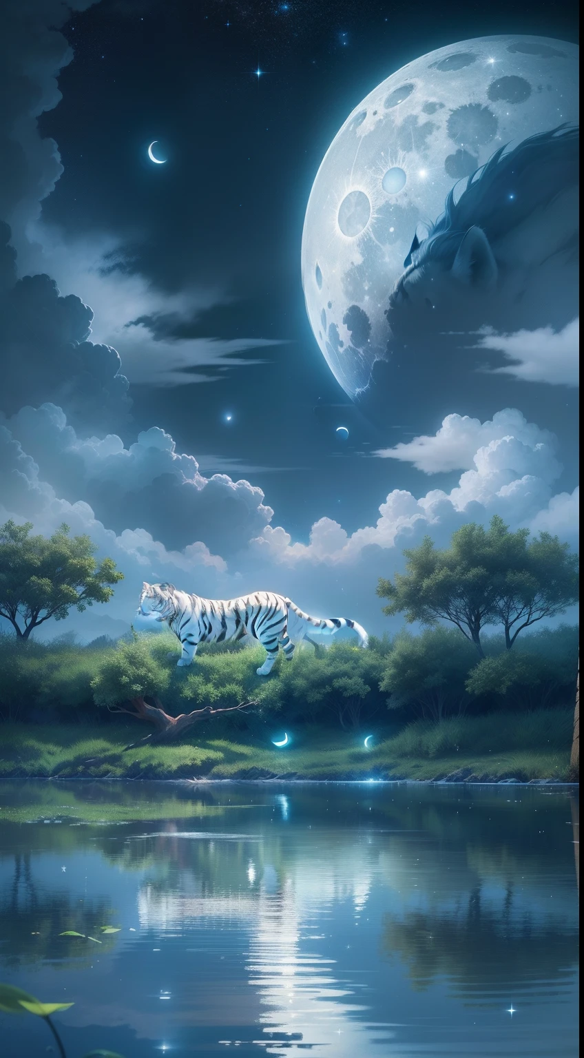 Clear Moon, Gentle breeze, Quiet moonlit night, calm and serene atmosphere, Evening reflection, Panoramic view, Night, tranquil, serene, landscape, stars, Eau,  stillness, soft, Dreamy, magical, Surreal, soothing, Celestial, Nature, Harmony White Tiger, mythological beasts