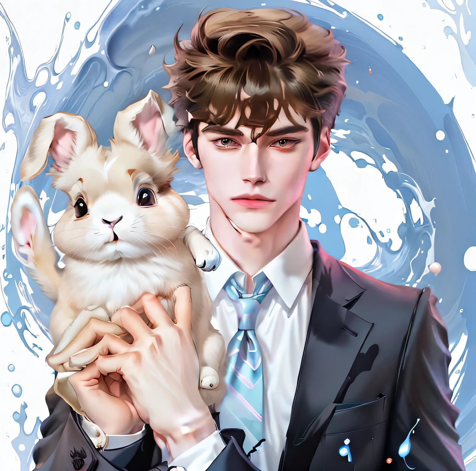 A man in a suit holds a cute lop-eared rabbit,  Handsome anime pose, in an anime style, young anime man，Background waves