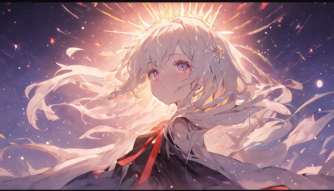 absurderes、hight resolution、(Official Art、Beautifully Aesthetic:1.2)、(Close View:1.15)、 (1girl in、White hair、Hair in the middle、yellow eyes、radiant eyes、Black Long Dress、Red frills、:1.2)、simple background、(starrysky)、(nigh sky)、(starrysky)
