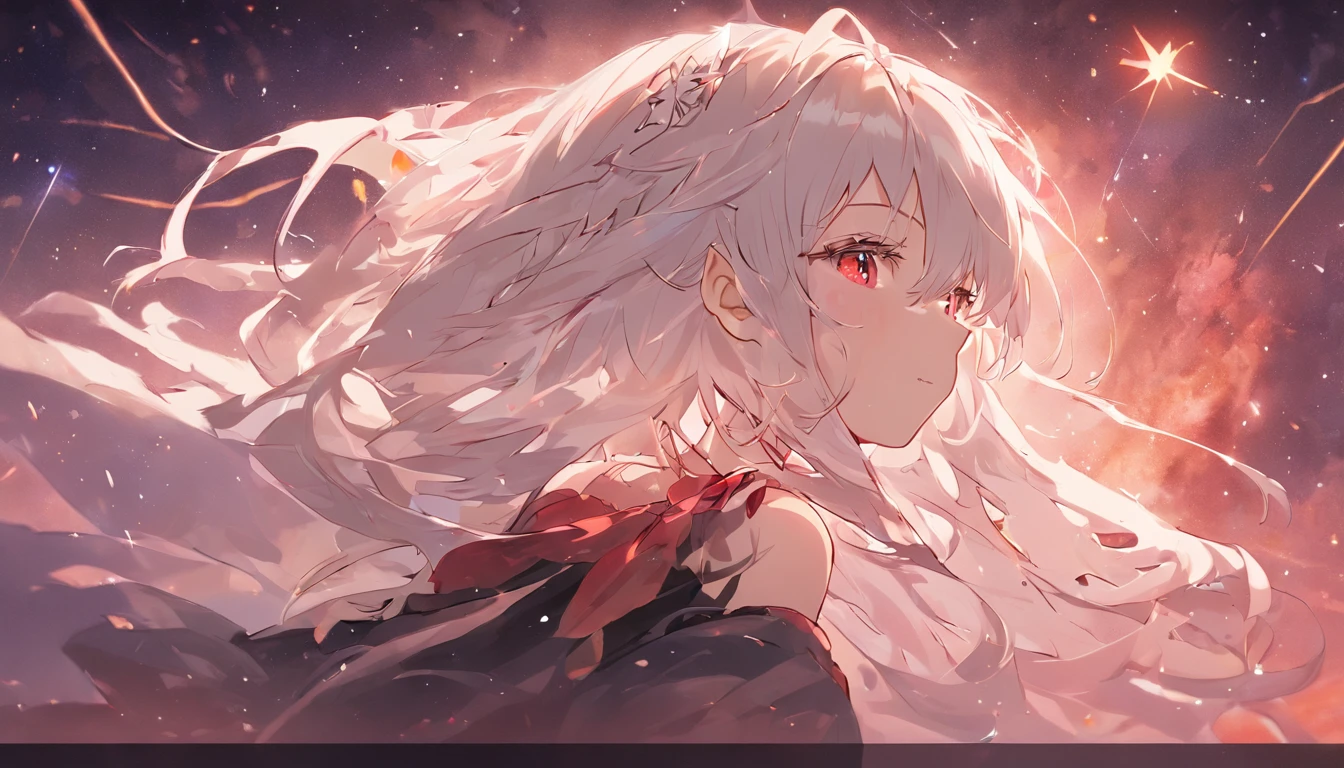 absurderes、hight resolution、(Official Art、Beautifully Aesthetic:1.2)、(Close View:1.15)、 (1girl in、White hair、Hair in the middle、yellow  eyes、radiant eyes、Black Long Dress、Red frills、:1.2)、simple background、（starrysky）、（nigh sky）、（starrysky）