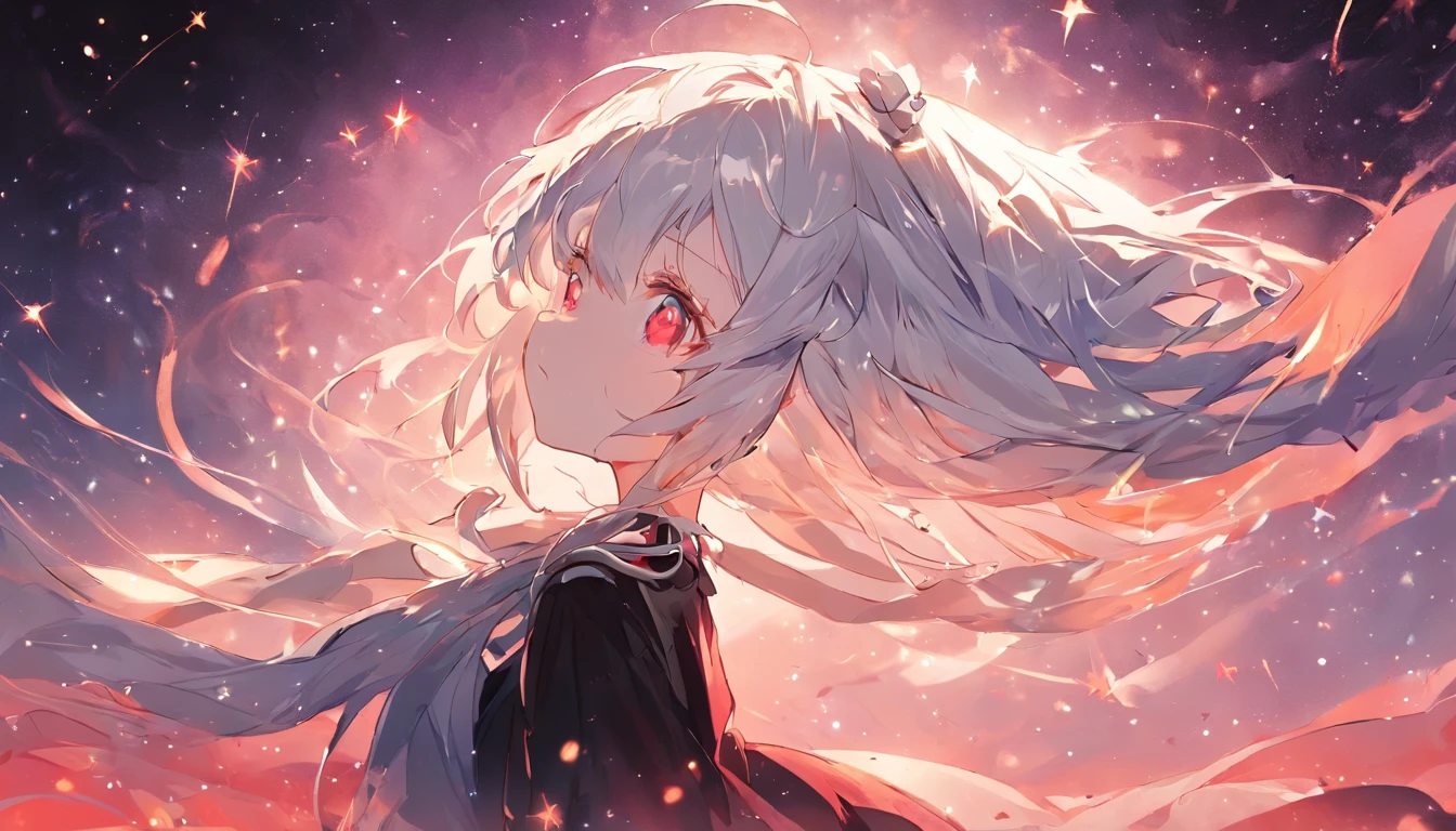 absurderes、hight resolution、(Official Art、Beautifully Aesthetic:1.2)、(Close View:1.15)、 (1girl in、White hair、Hair in the middle、yellow eyes、radiant eyes、Black Long Dress、Red frills、:1.2)、simple background、(starrysky)、(nigh sky)、(starrysky)
