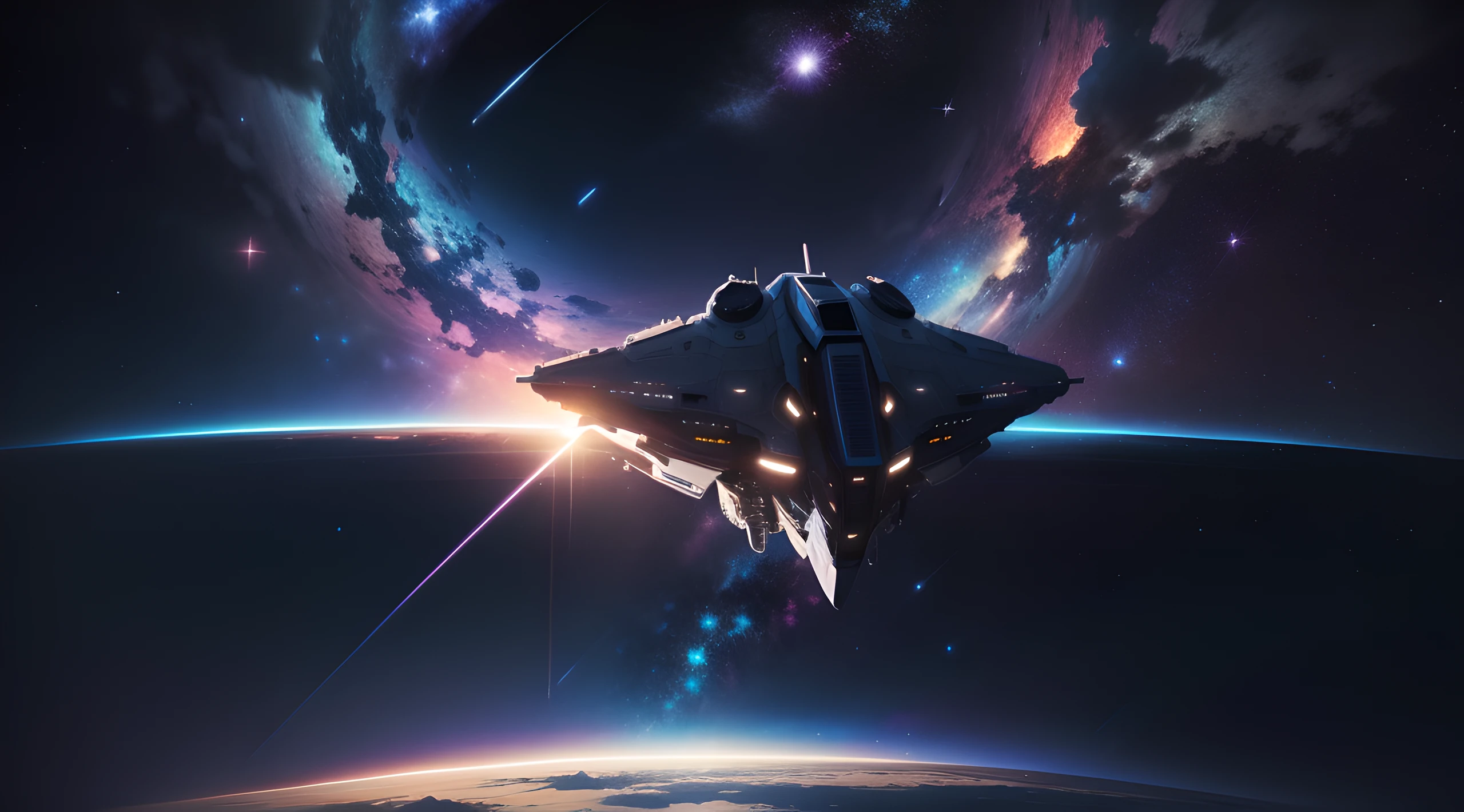 solo, a spaceship soaring through the vast expanse of the universe, immersed in the brilliance of the galaxy, against the backdrop of a mesmerizing starry sky, best quality, masterpiece, UHD, dynamic lighting, cinematic lighting, award winning