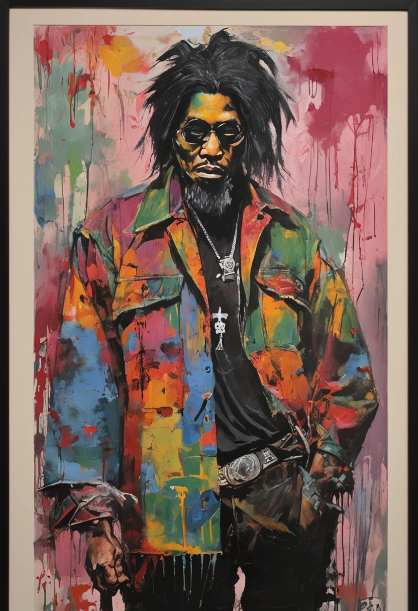 T-shirt print, from the black background, tertiary colors, In a Japanese city in the 90s, there were long shiny black hair, young punk, yakuza look, fresh clothes, Undergrond punk yakuza style, evil smile, evil look, ager, Water ink , Look at you with big eyes, one hand with a cigarette in the mouth, and the other hand with a gun, A Japanese Toril bow with Sakuras and a moon in the background, take the key, tertiary colors