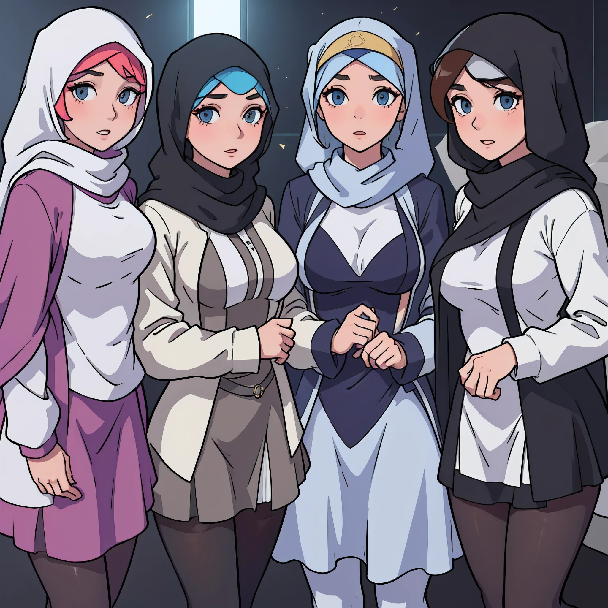 Group of four confident, stylish women wearing hijabs and elegant mini dresses, radiating positivity and unity, high-quality digital art, realistic shading, soft lighting, by renowned artists, artstation trending, 4k resolution, big tits, wearing pantyhose, mini skirt