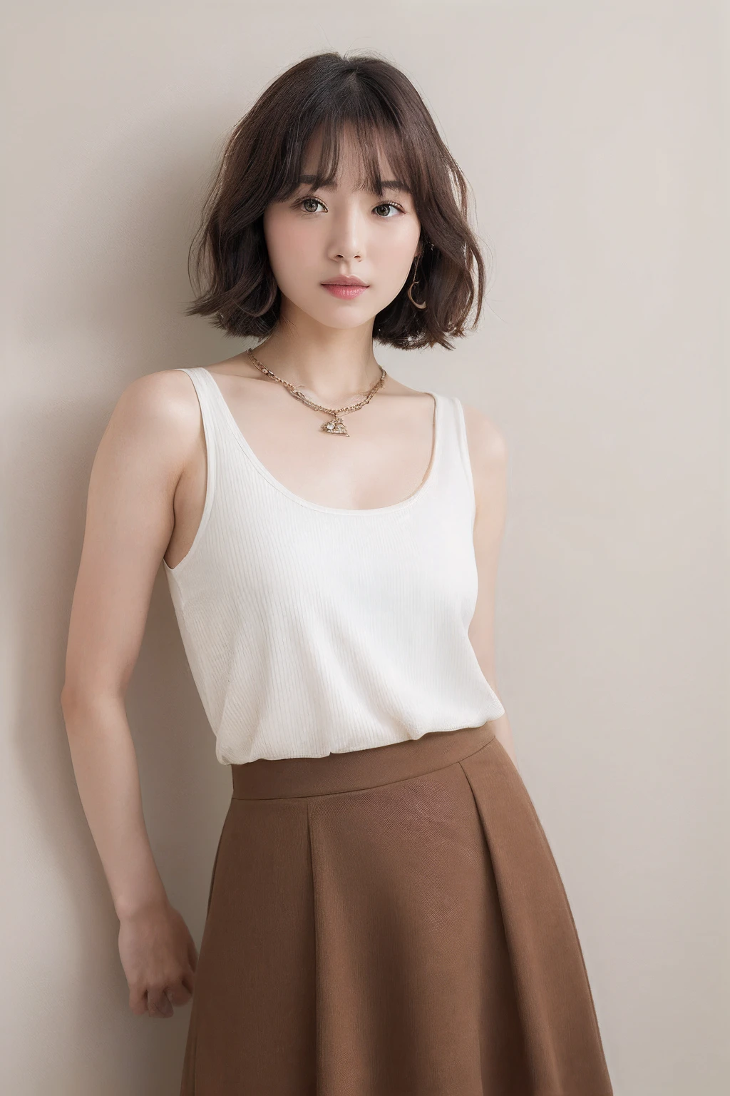 (top-quality、8K、32K、masterpiece、nffsw:1.2)、Photo of a cute Japanese woman、1girl in、(Medium short dark brown hair)、二重まぶた、TThe shirt、white tank tops、skirt by the、Necklace with small charm、Ai Uehara standing against a white wall