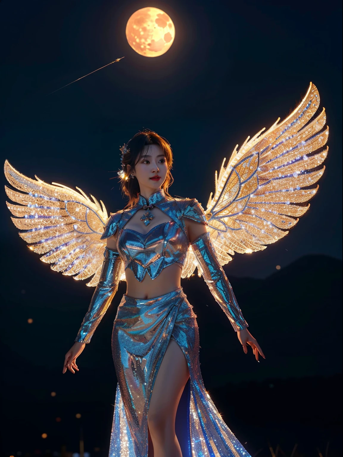 Mid-Autumn Festival,Woman in crystal armor,Fly in the sky with two large wings,High quality,Masterpiece,8K,(Anatomically correct:1.2),Realistic,Cinematic lighting effects,Medium shot,full bodyesbian,volumettic light