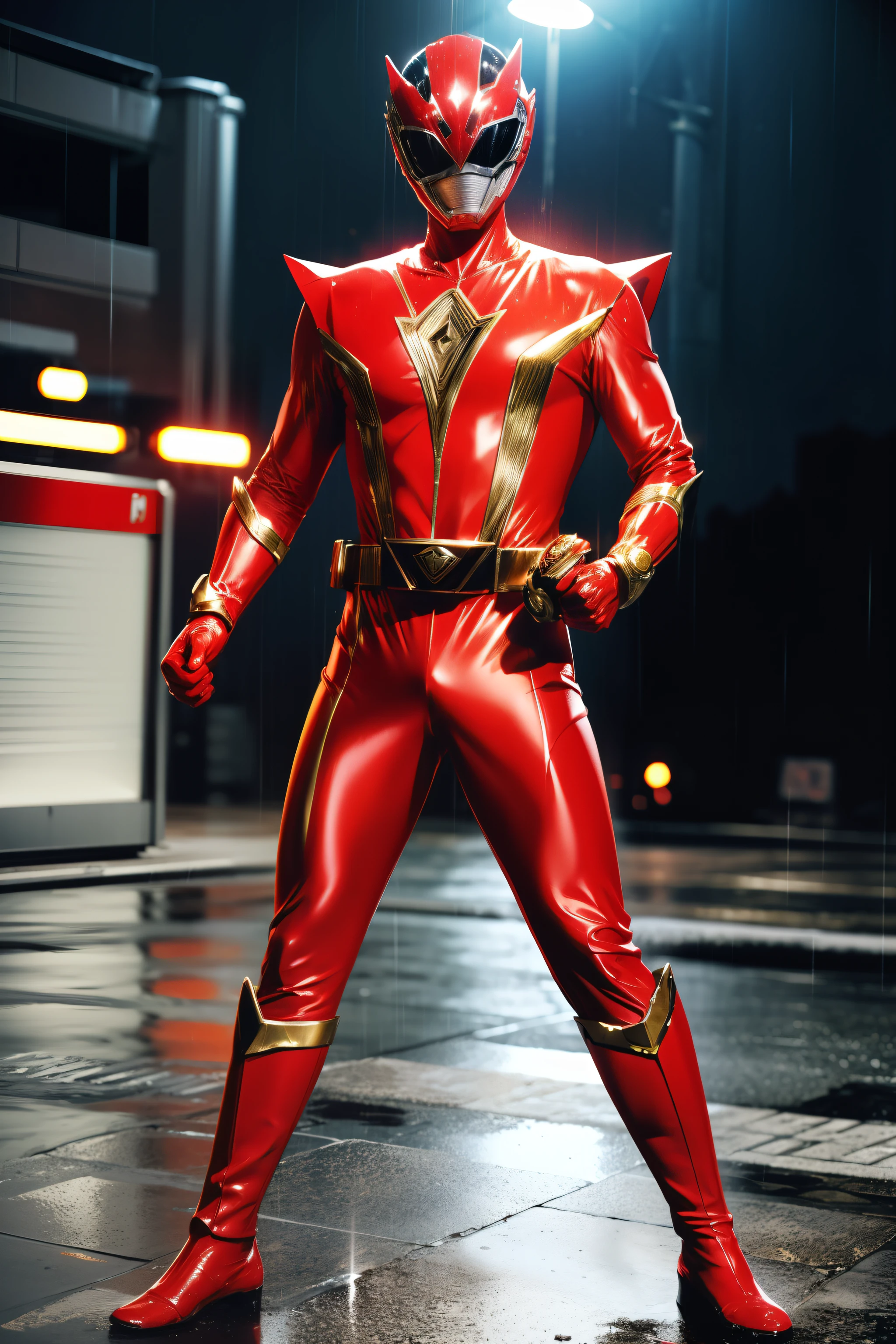 masutepiece, Super Detail, Best Quality, hight resolution, reflective light, ((Anatomically correct)), power ranger, One guy, (Very shiny helmet and suit), dynamicposes, actionpose, fighting poses, ((Big city at night wet with rain on background))