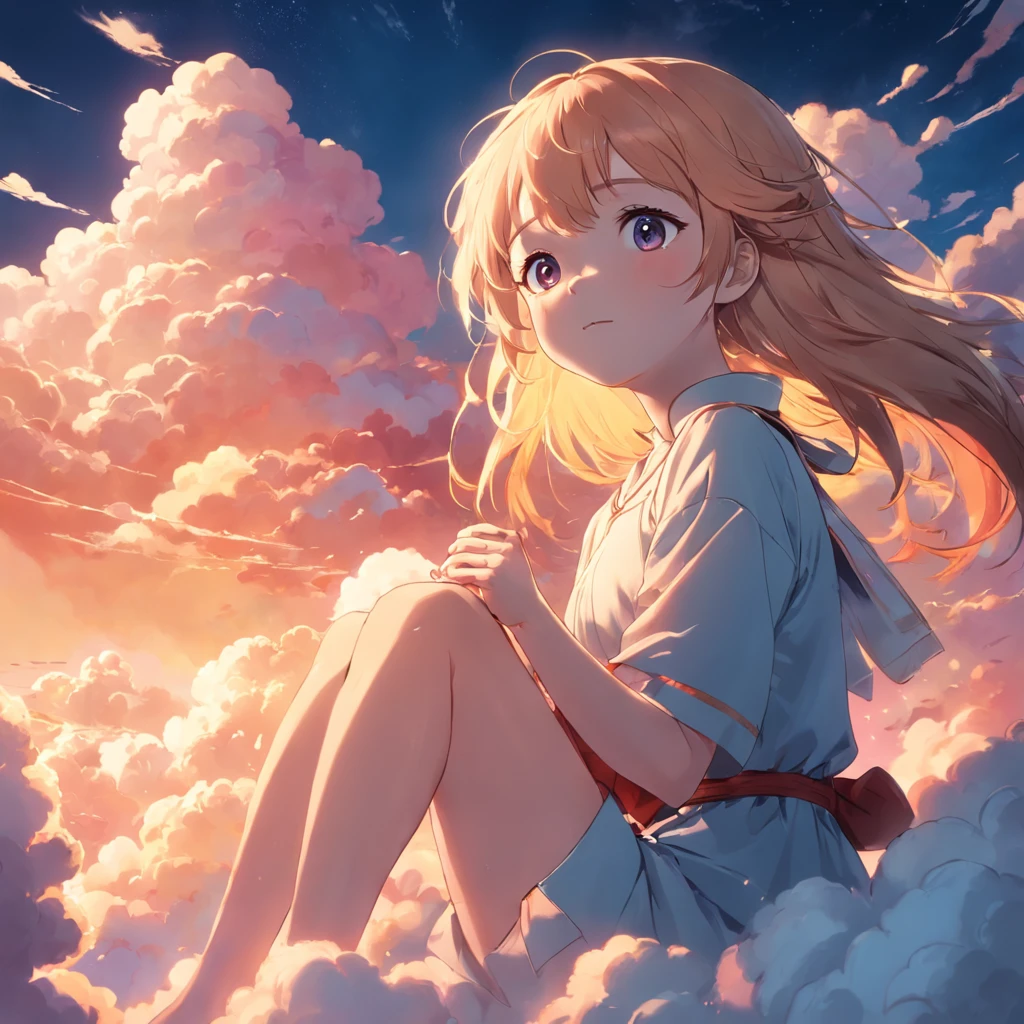 Masterpiece, best quality, movie stills, 1girl, cloud girl, floating in the sky, closeup, bright, happy, warm soft lights, sunset