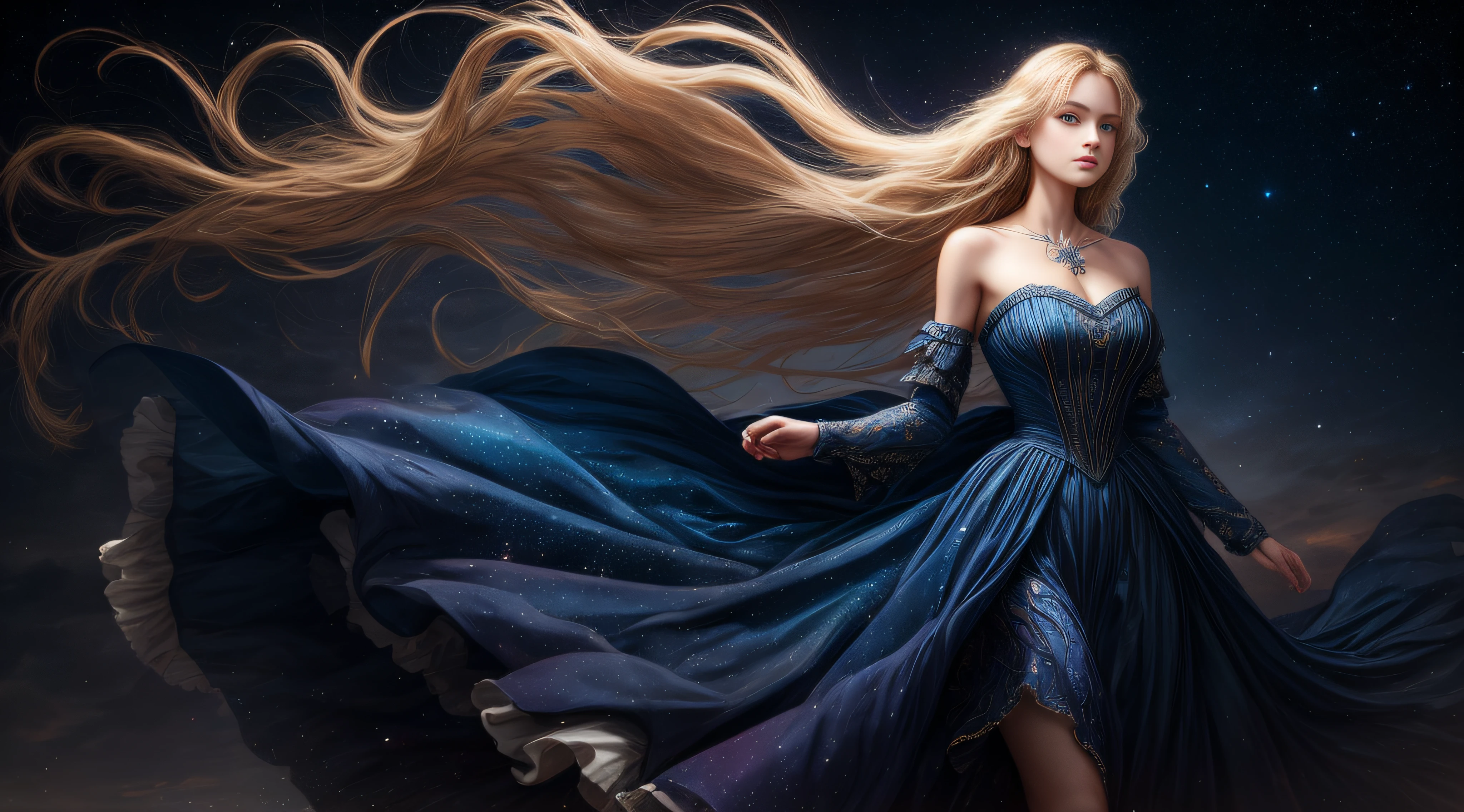 (best quality, masterpiece), young woman, pose, particle, wind, flower, upper body, night eclipse background, looking at viewer, long straight windblown blonde hair, detailded blue eyes, medieval princess blue dress, galaxy, backlit, rimlight, beautiful artwork, perfect composition