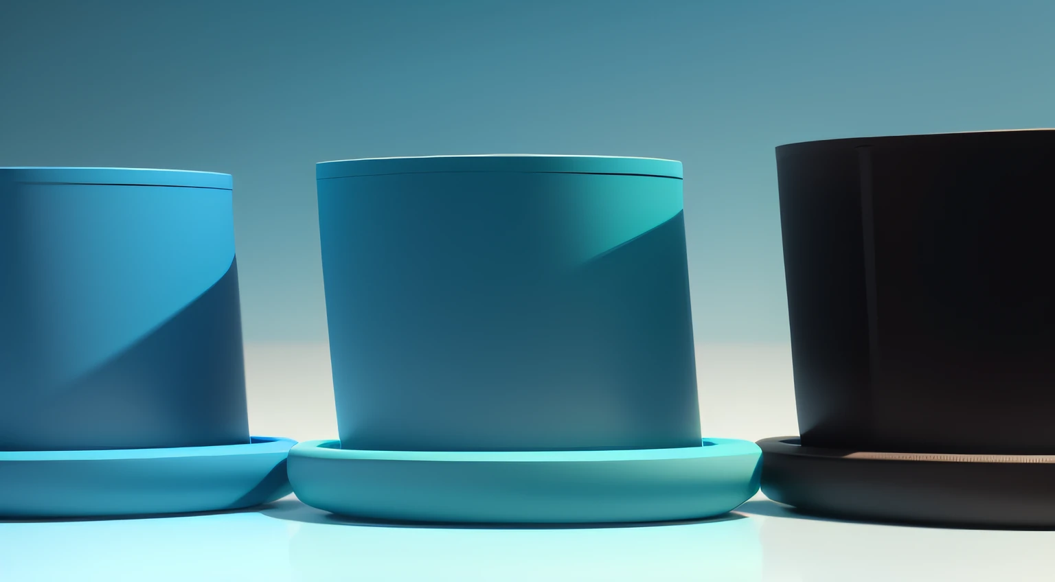 Close-up of three cylinders of different heights on cyan background, cyan colors, ambient teal light, teal studio backdrop, cyan photographic backdrop, teal lighting, blue and cyan colors, Top-down viewing of eye-catching product lighting, glowing hue of teal, cyan colors, gradient cyan, blue realistic 3 d render, depicted as a 3 d render