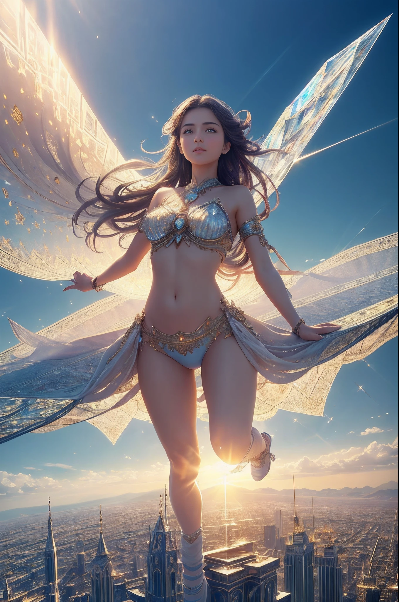 (masterpiece, 8k, photorealistic, RAW photo, best quality, sharp: 1), A beautiful girl is on the magic carpet, flying over the city, full body, from below, god ray, sunshine, fractal art,crystallineAI