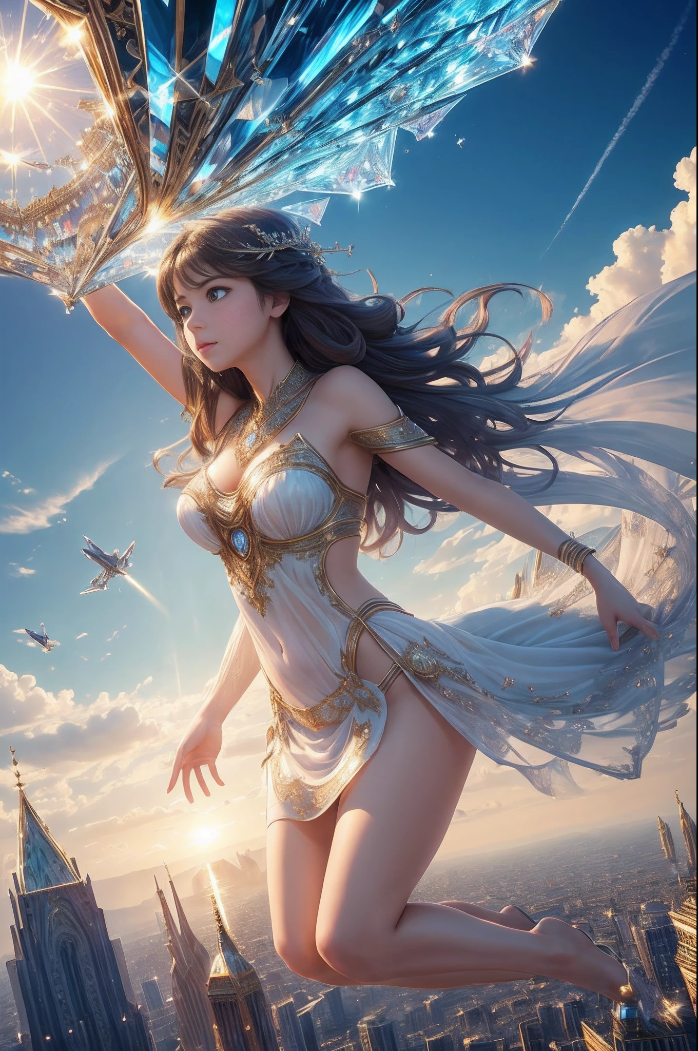 (masterpiece, 8k, photorealistic, RAW photo, best quality, sharp: 1), A beautiful girl is on the magic carpet, flying over the city, full body, from below, god ray, sunshine, fractal art,crystallineAI