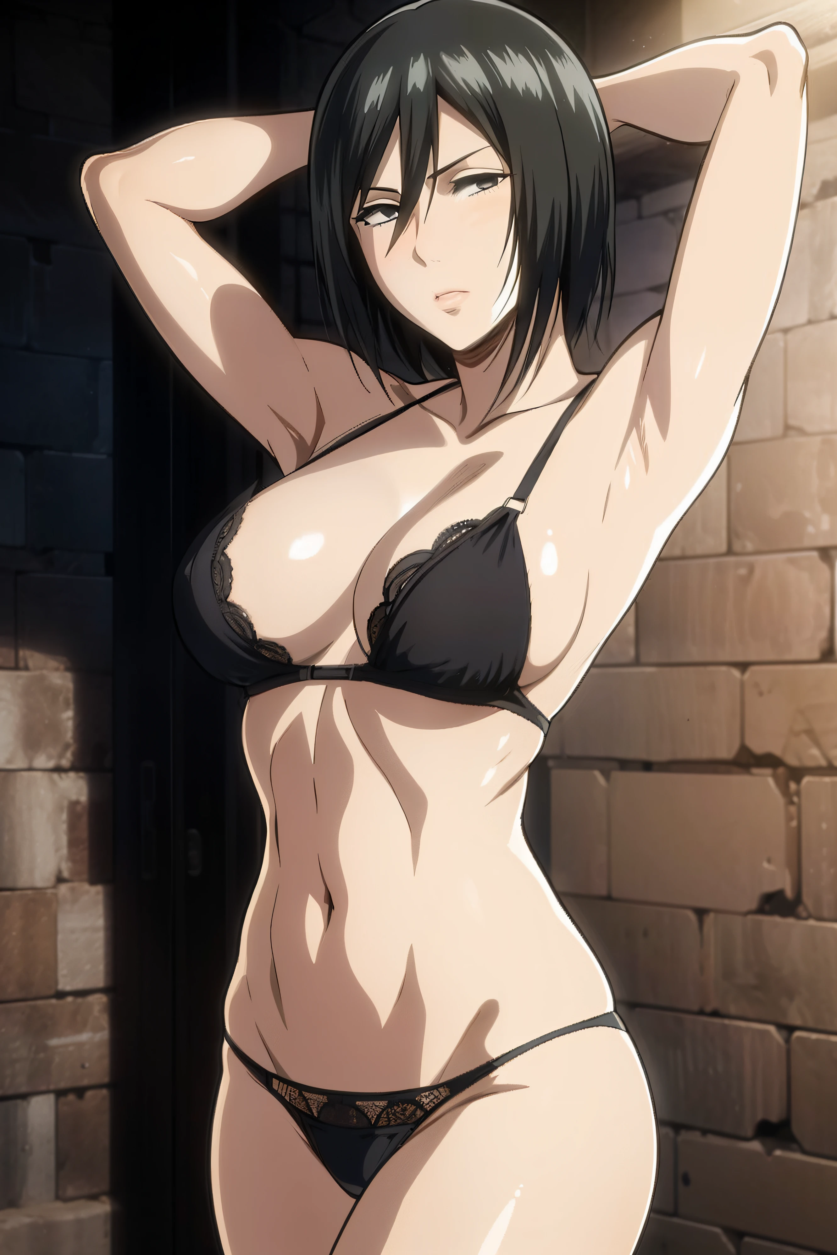 Dazzling, Armpits, intricate detailes, 1girl in, Mikasa Ackerman, (A dark-haired:1.3), hair between eye, short-haired, sideburns, s lips, shut, Yui, s lips, ​masterpiece, best qualtiy, , hason, Baezon, Black eyes , Black eyes, muscle, medium breasts, Black underwear、Lace underwear、Lace pattern underwear