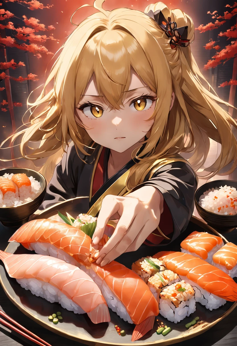 Luxurious golden most expensiveSushi food with rice and sauce, with fried rice and shrimps, and wine, photographic pic, high quality