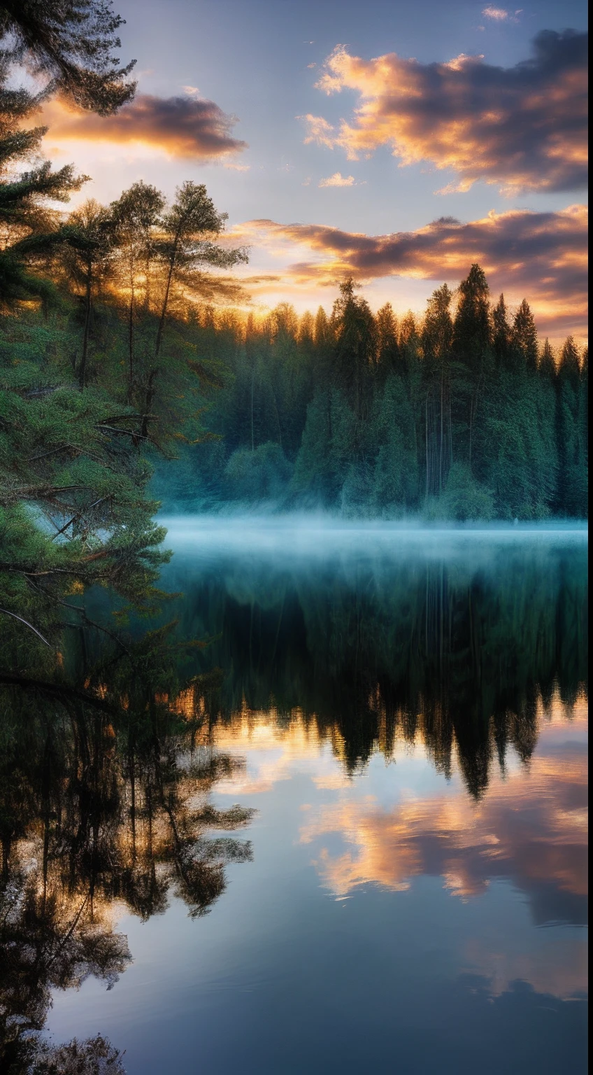 wallpaper, summer, lake, dawn, forest, detailed forest, clouds, masterpiece, cinematic, soft light, depth of field, ray tracing, reflection in water, realism, ulra detailed,
