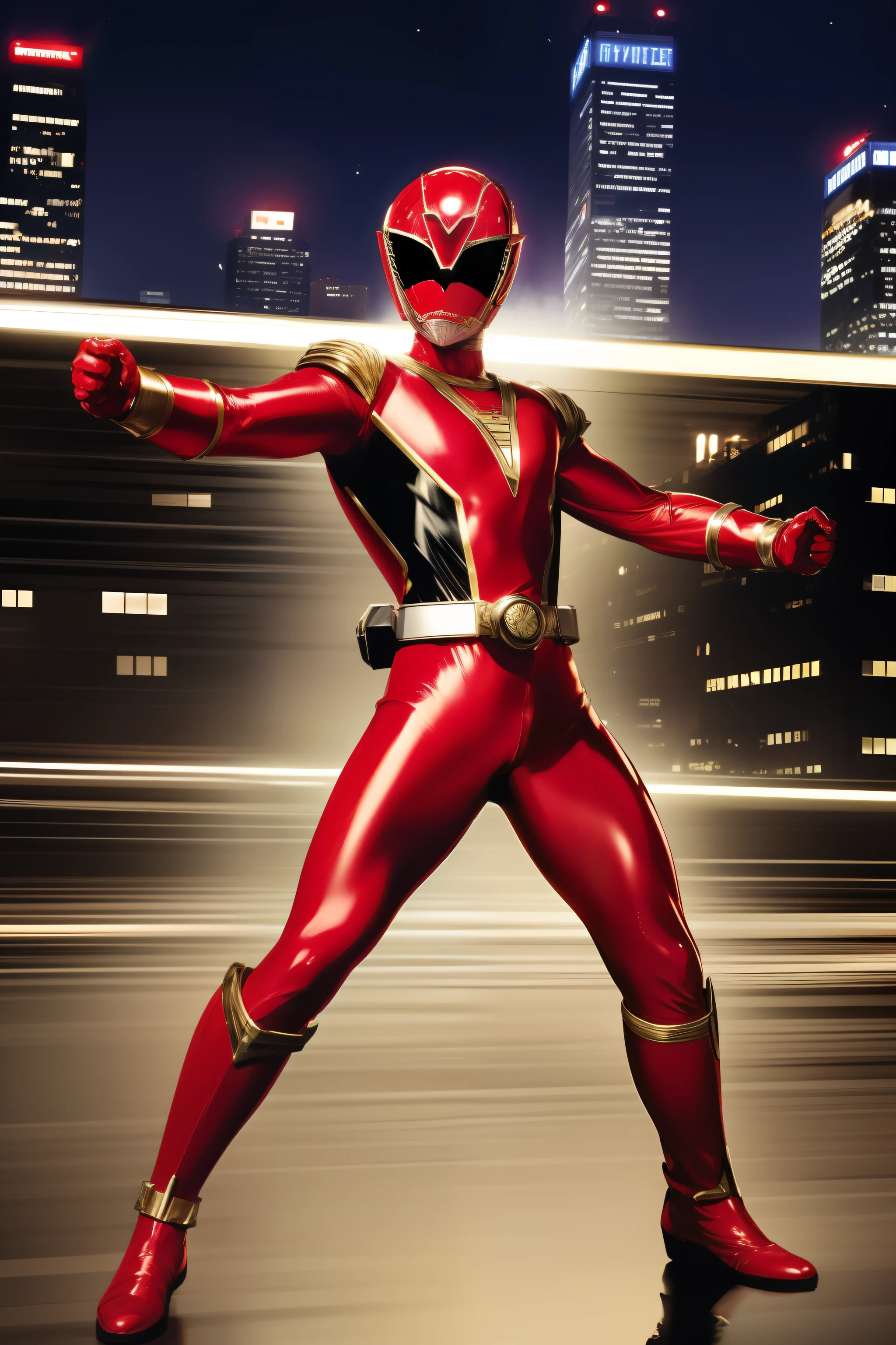 masutepiece, Super Detail, Best Quality, hight resolution, reflective light, ((Anatomically correct)), power ranger, One guy, (Very shiny helmet and suit), dynamicposes, actionpose, fighting poses, ((Big city at night on wet background))