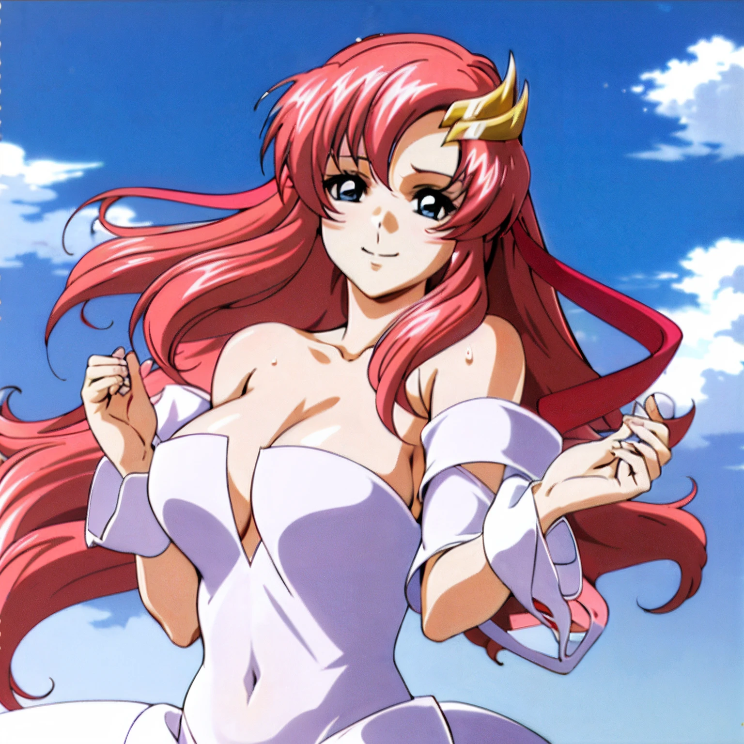 (masuterpiece, 4K, Best Quality, Anime style: 1.9, bold drawing lines, High color saturation, Detailed face, tall, Adult Woman, lovely, (cloud background), Drawing lines, high resolution, Anime, lacus4. White dress with pink design), 1girl in, Solo, curvy figure, Long hair, 鎖骨, scapular, Wavy Hair, Detailed wide hair bangs, Hair Ornament, Detailed reddish-pink hair, cleavage, large hands, Big blue eyes, Off-shoulder, Smile, closed mouth, very slim belly, Dancing, Very happy, closed fists, sweaty