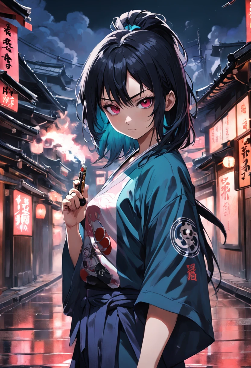 T-shirt print, from the black background, tertiary colors, In a Japanese city in the 90s, there were long shiny black hair, young punk, yakuza look, fresh clothes, Undergrond punk yakuza style, evil smile, evil look, teenager, Water ink , Look at you with big eyes, one hand with a cigarette in the mouth, and the other hand with a gun, A Japanese Toril bow with Sakuras and a moon in the background, take the key, tertiary colors