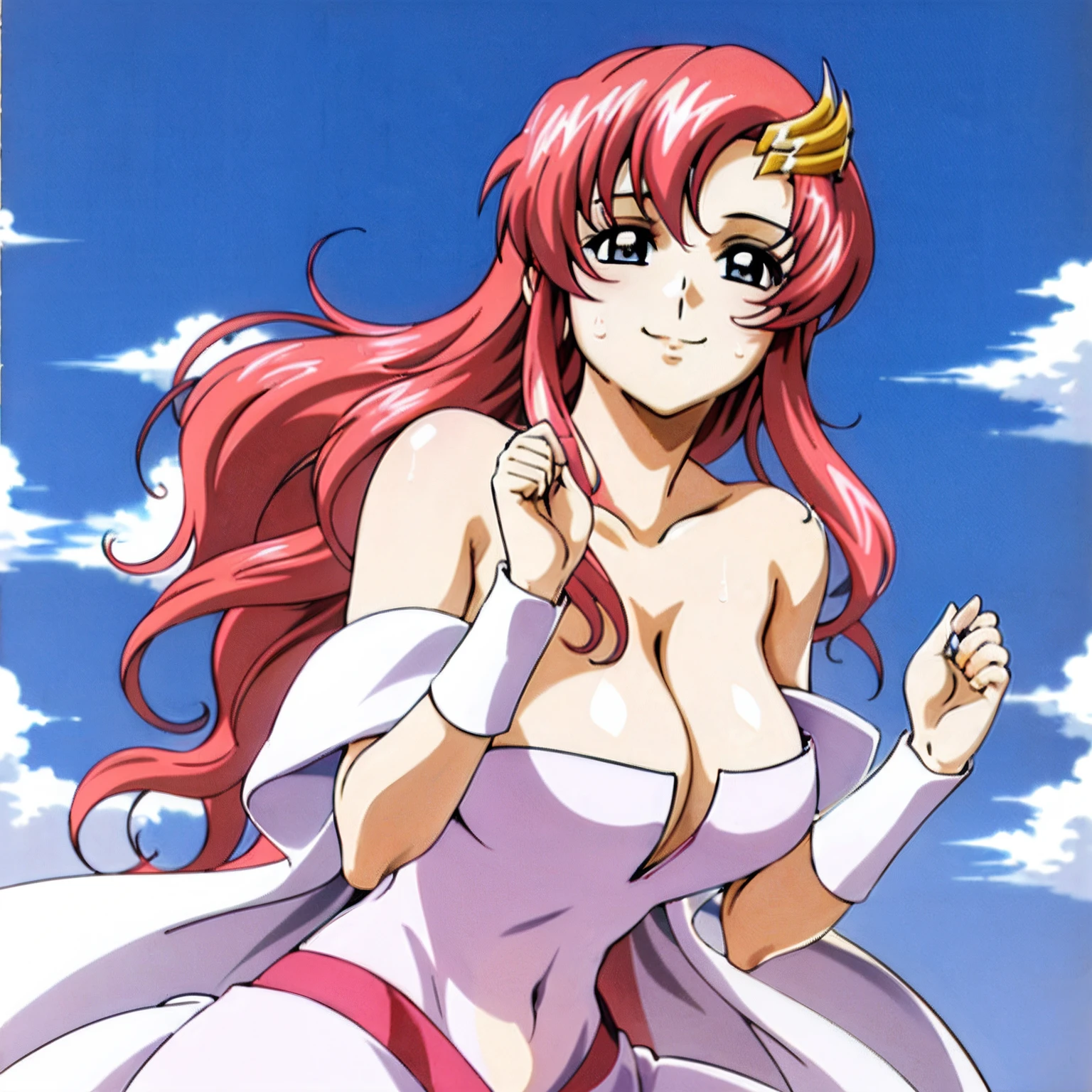 (masuterpiece, 4K, Best Quality, Anime style: 1.9, bold drawing lines, High color saturation, Detailed face, tall, Adult Woman, lovely, (cloud background), Drawing lines, high resolution, Anime, lacus4. White dress with pink design), 1girl in, Solo, curvy figure, Long hair, 鎖骨, scapular, Wavy Hair, Detailed wide hair bangs, Hair Ornament, Detailed reddish-pink hair, cleavage, large hands, Big blue eyes, Off-shoulder, Smile, closed mouth, very slim belly, Dancing, Very happy, closed fists, sweaty