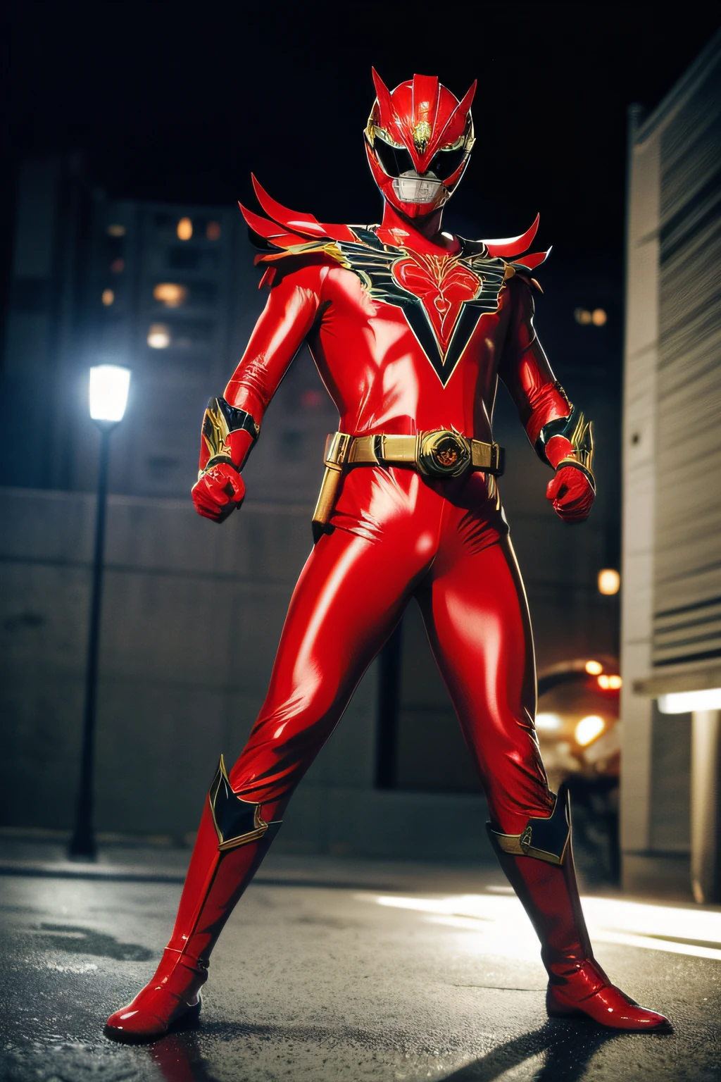 masutepiece, Super Detail, Best Quality, hight resolution, reflective light, ((Anatomically correct)), power ranger, (Very shiny helmet and suit), fighting poses, ((Big city at night on wet background))
