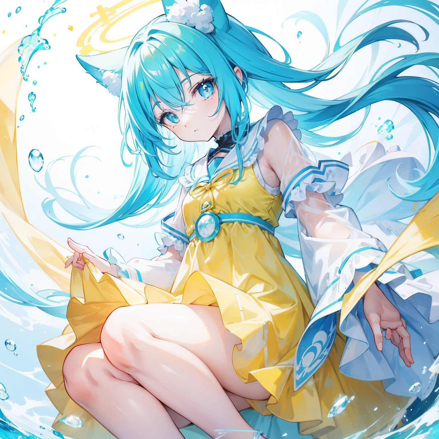 Glowing light cyan yellow with hair and pupils,Clothes in blue, yellow and white,Sweet girl,The whole is shining