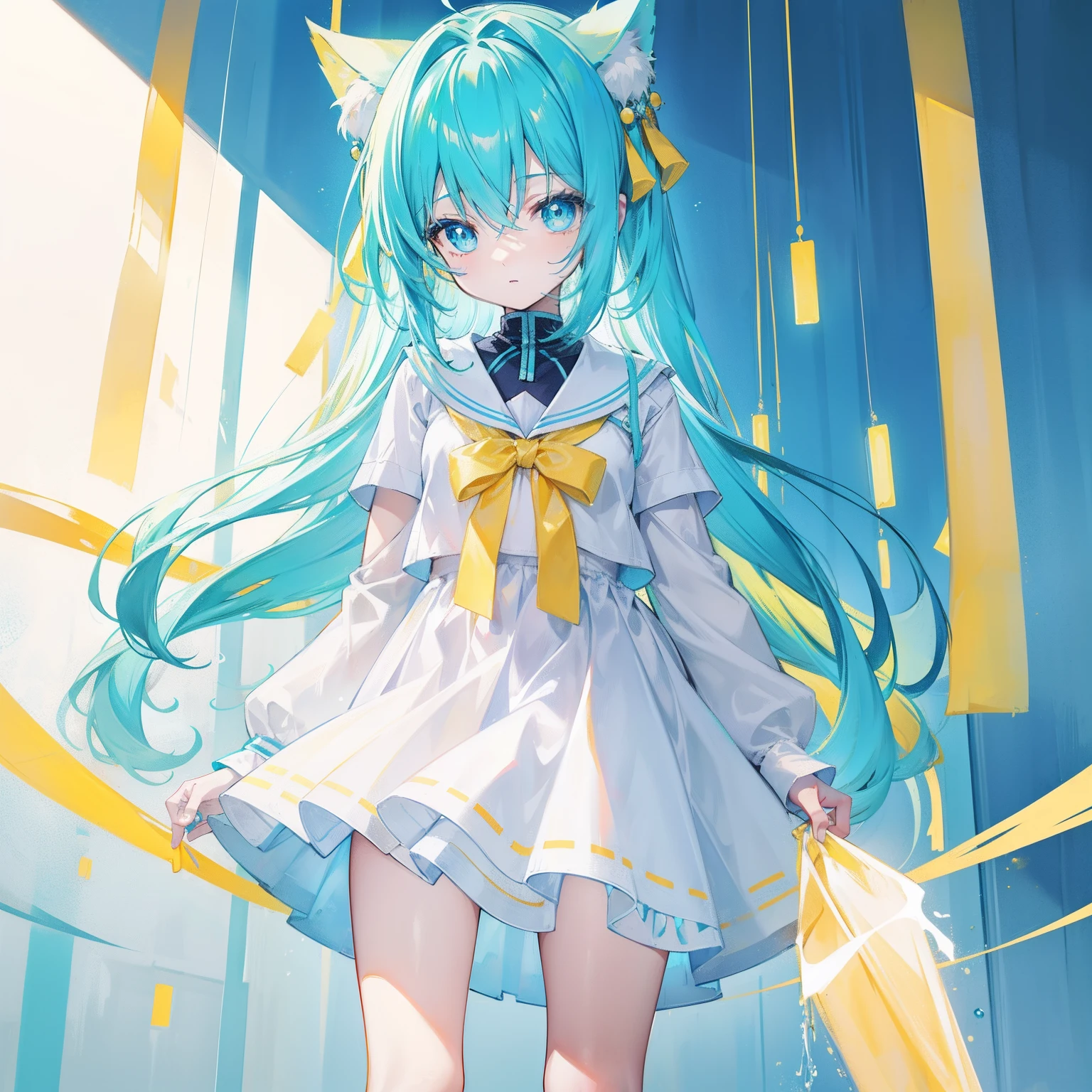 Glowing light cyan yellow with hair and pupils,Clothes in blue, yellow and white,Sweet girl,The whole is shining