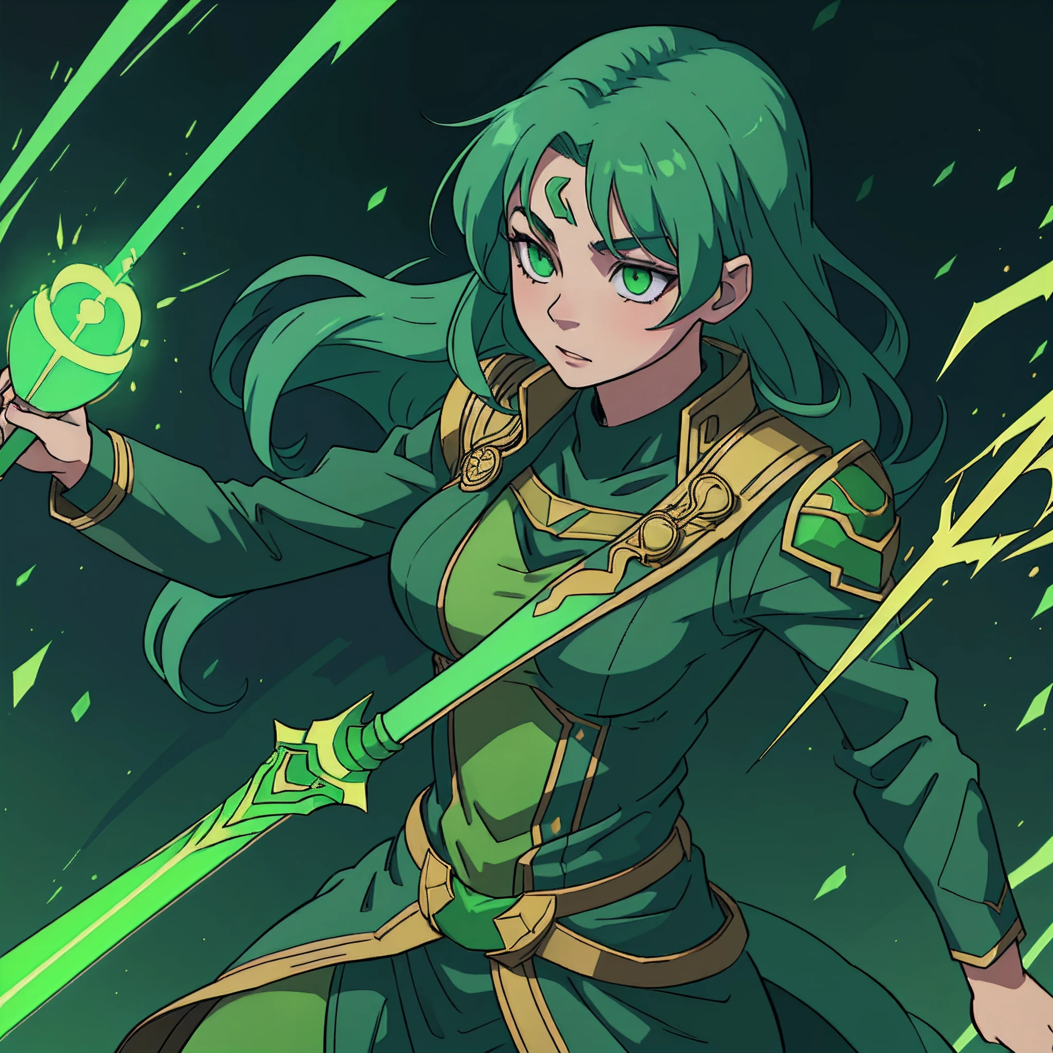 woman, age 25, anime cell shading, inspired from loki, loki costume, green magic, green aura, green glowing eyes, holding a magical sceptre, lies, deceptive background, intense, intricate details, masterpiece, highly detailed